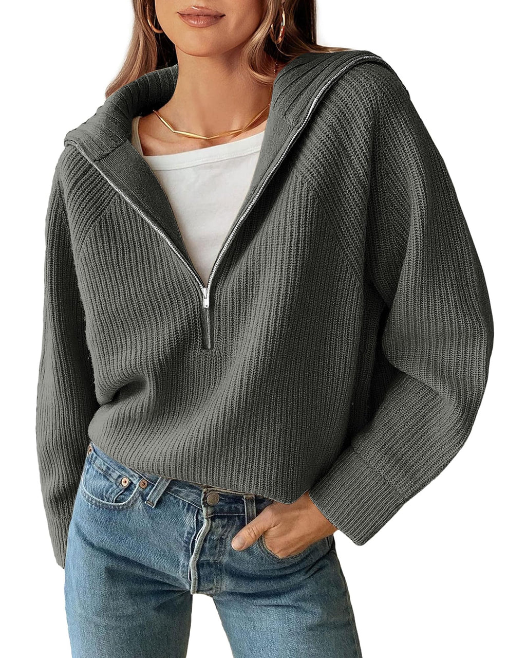 BTFBM Womens Sweaters Quarter Zip Pullover V Neck Collar Long Sleeve Ribbed Knit Loose Casual Winter Fall Sweater