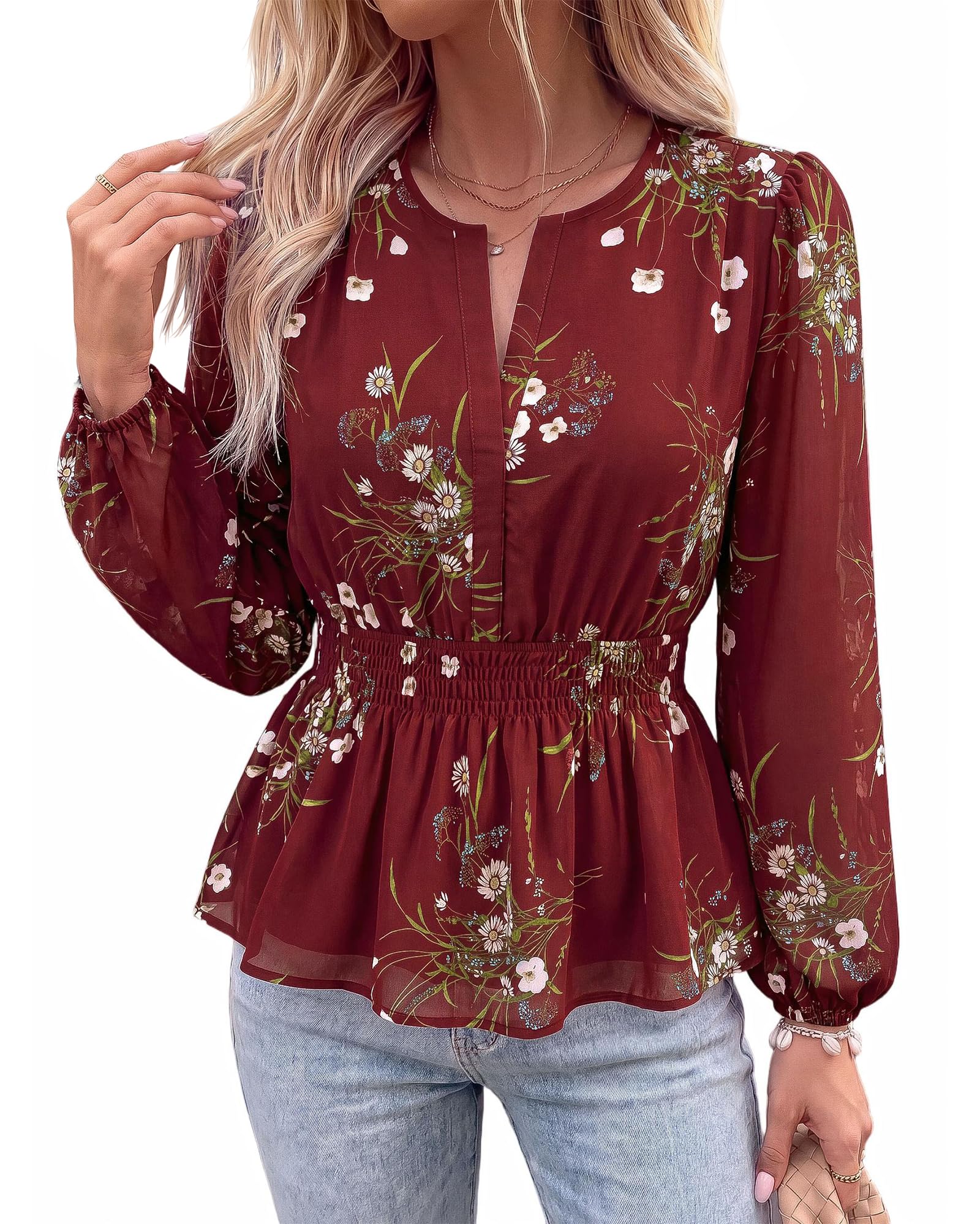 BTFBM Womens Tops Dressy Casual Floral V Neck Long Sleeve Chiffon Shirts | Chiffon Lantern Sleeve Flowy Peplum Sheer Top,Elastic Waist Babydoll Blouses,Boho Vacation Outfits,Fall Fashion Clothing