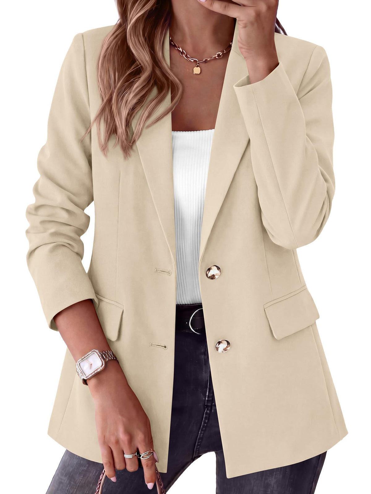 BTFBM Blazers for Women Business Casual Outfits Work Fall Clothes Breasted Notch Lapel, Long Sleeve, Gold Button, Fitted, Open Front Suit Jackets, Pockets, Dressy Professional Office Blazer