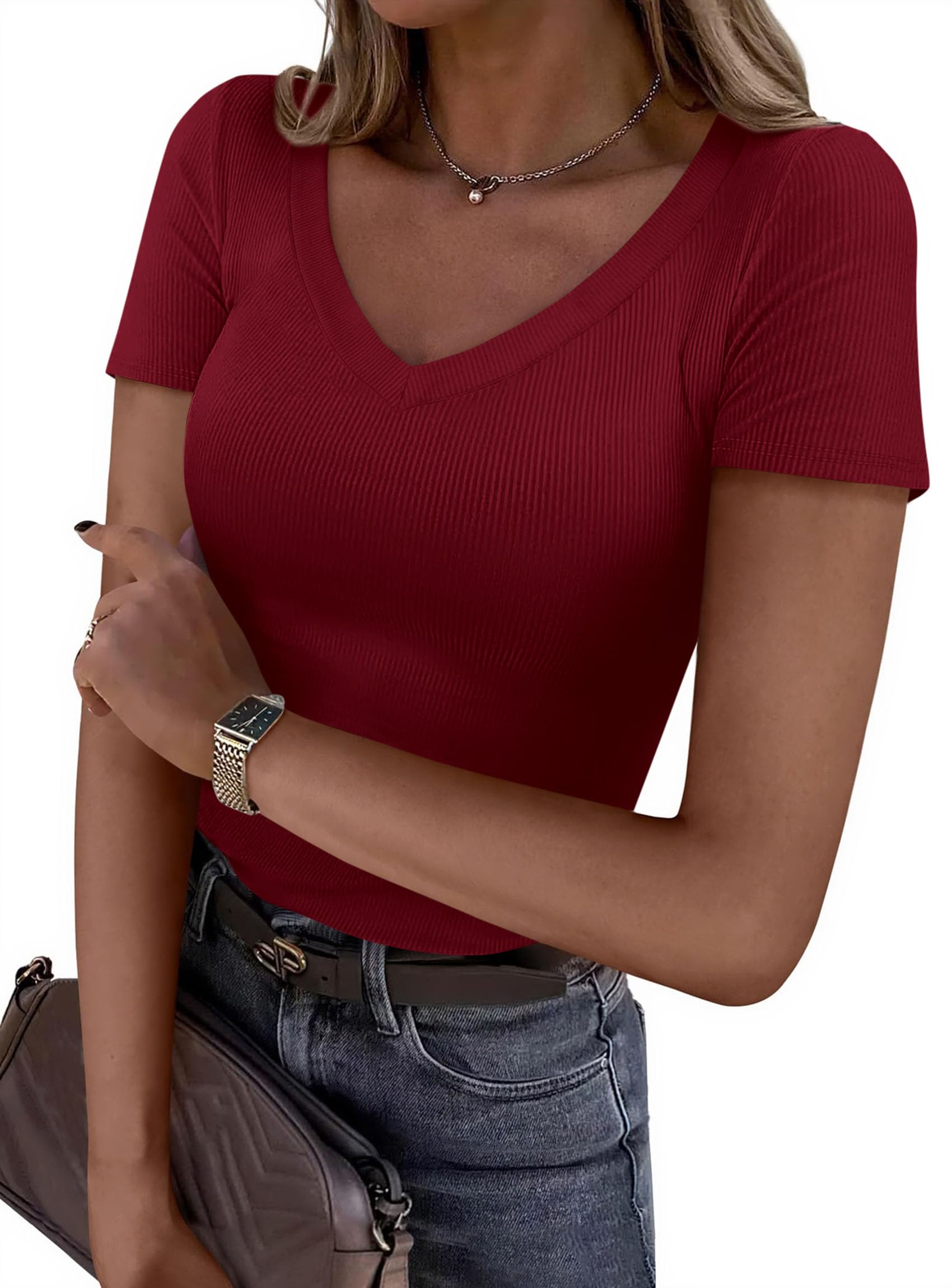 PRETTYGARDEN Women Spring Tops Trendy Ribbed Short Sleeve V Neck Fitted Basic Tee Shirts Casual Going Out Summer Outfits