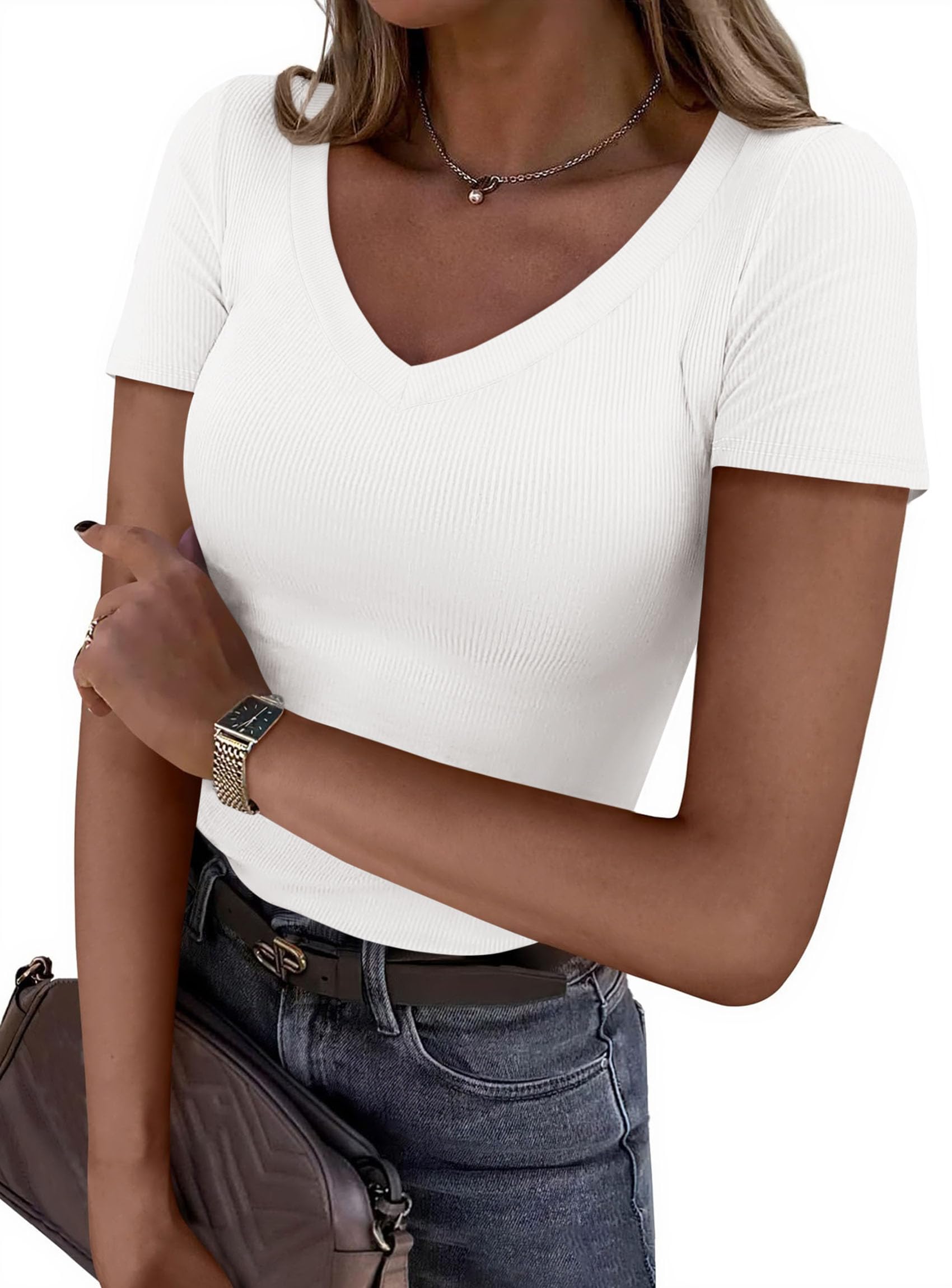 PRETTYGARDEN Women Spring Tops Trendy Ribbed Short Sleeve V Neck Fitted Basic Tee Shirts Casual Going Out Summer Outfits