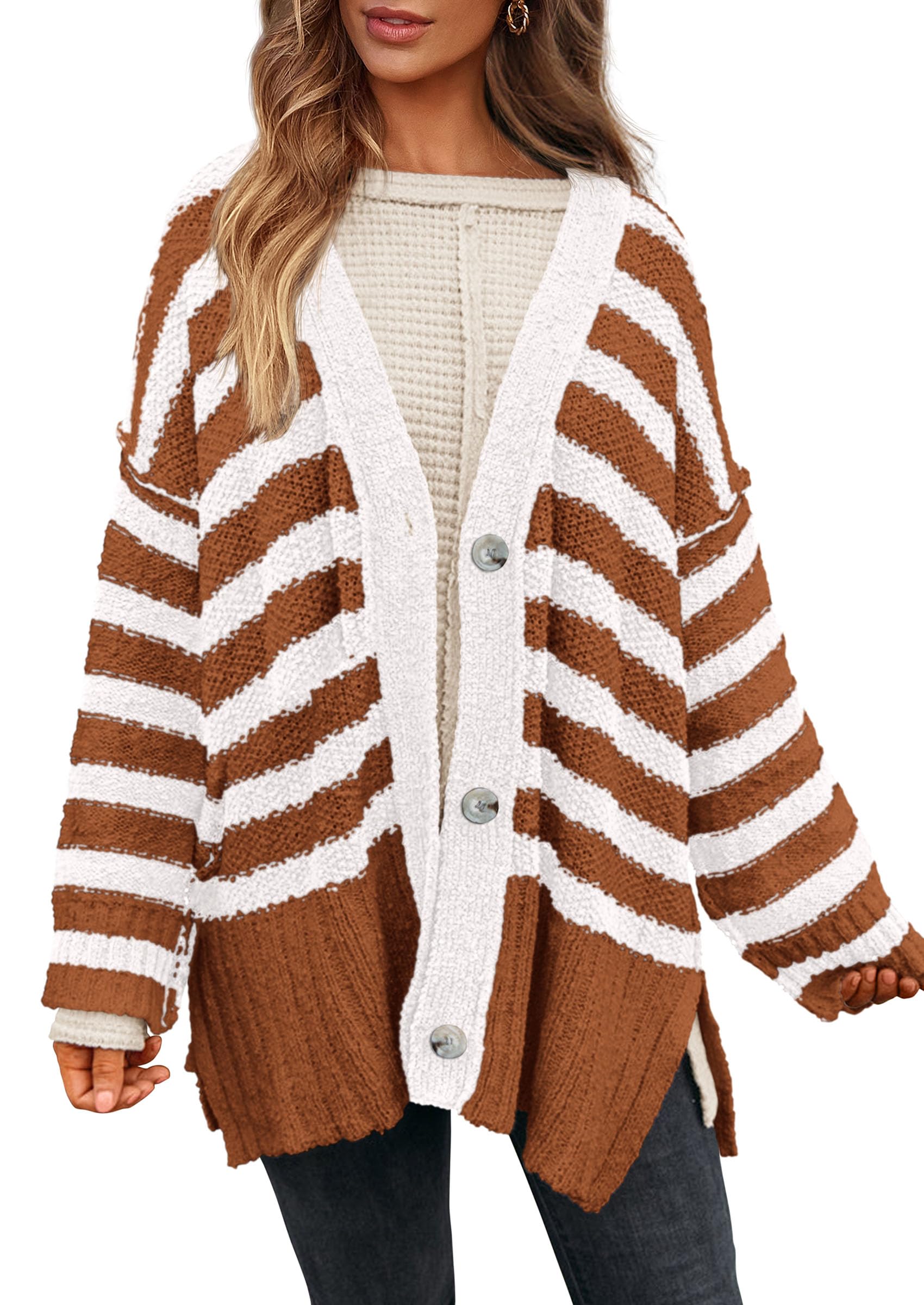 PRETTYGARDEN Women's Winter Striped Cardigan Sweaters Long Sleeve Button Down Open Front Chunky Knit Oversized Sweater Coat