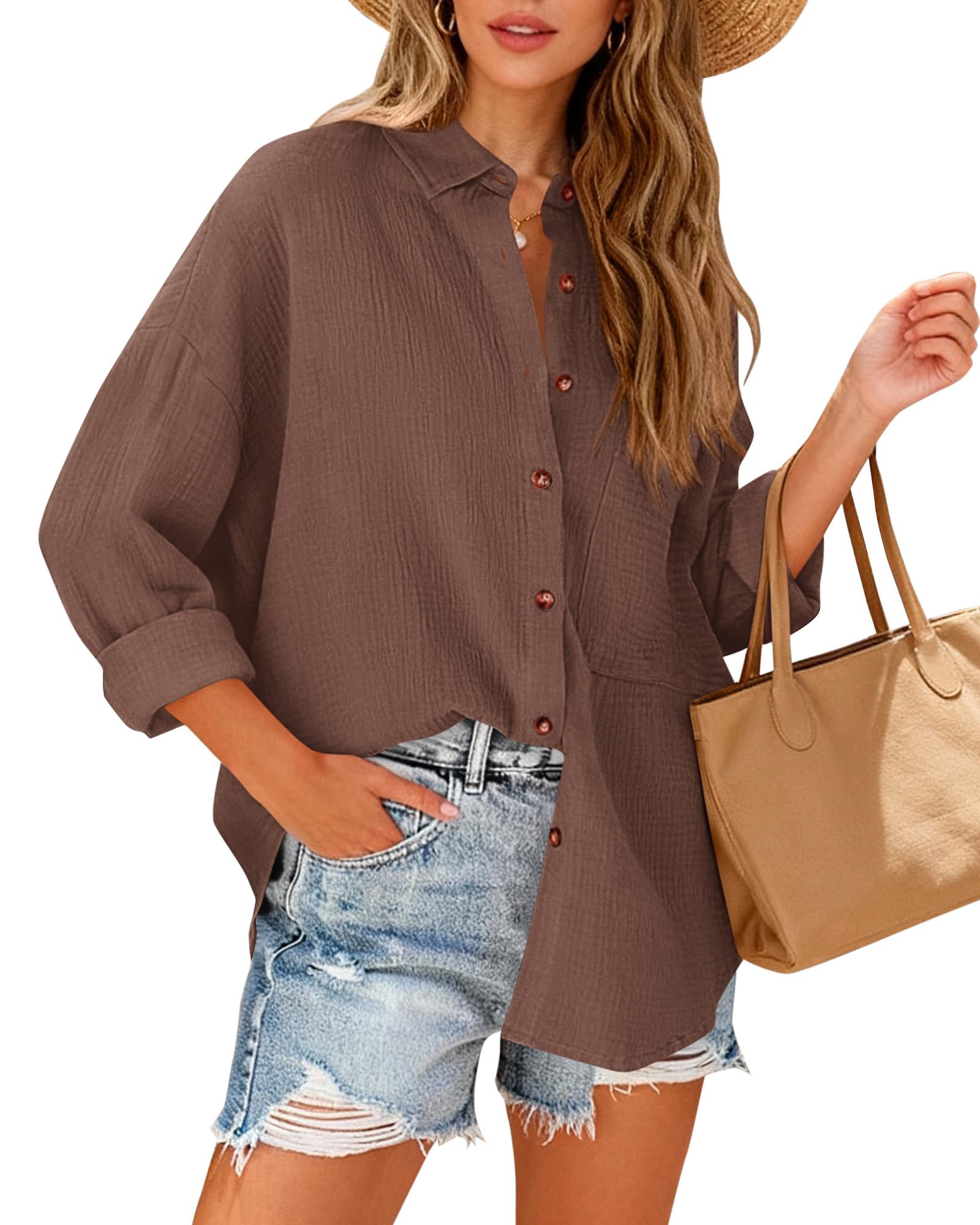 FreshPretty Casual Shirts for Women Long Sleeve Button Down Blouses Fall Solid Color Trendy Tops with Pocket
