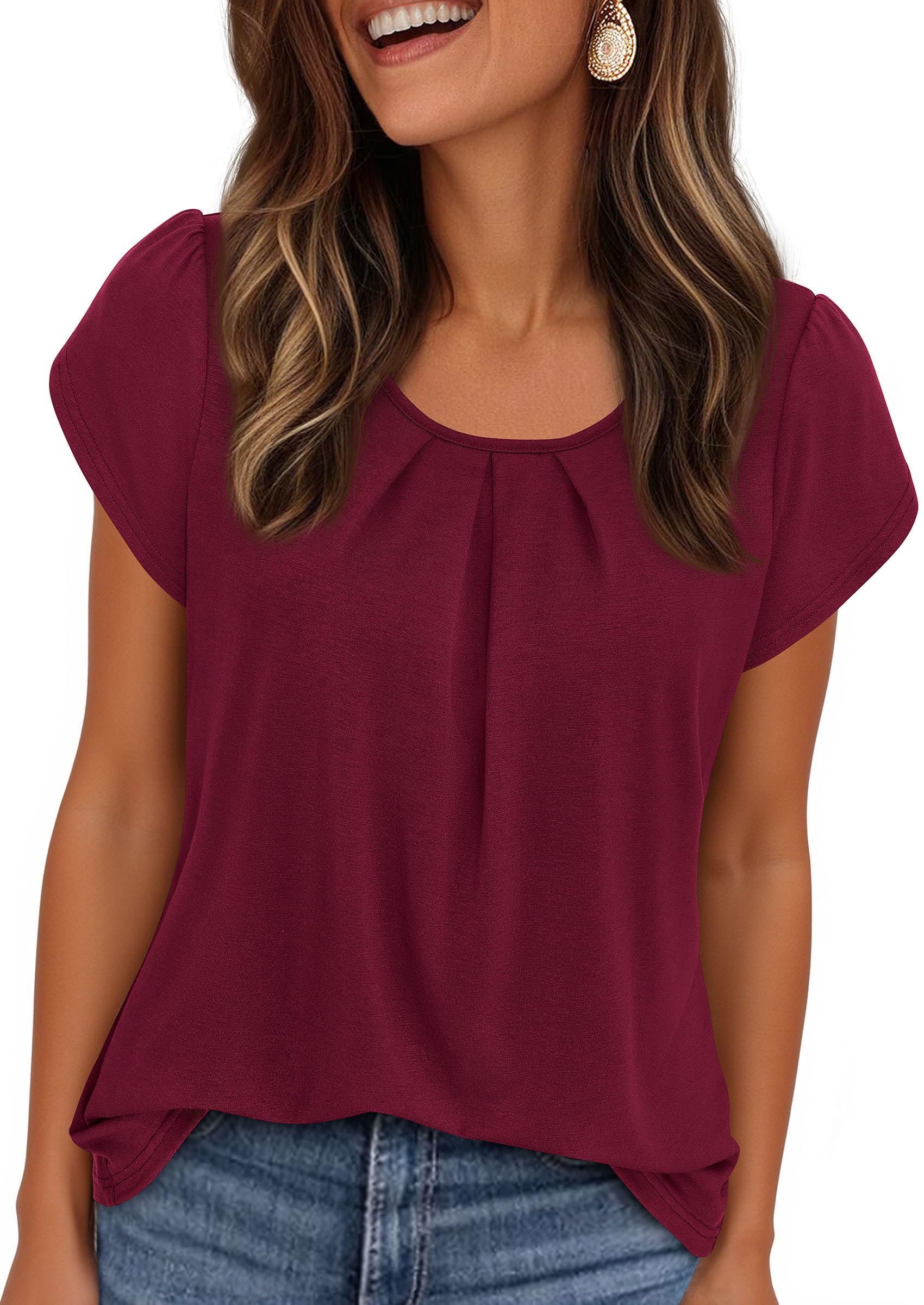 PRETTYGARDEN Womens Tops Dressy Casual Summer Short Sleeve Blouses Crew Neck Pleated Basic T Shirts Spring Clothes