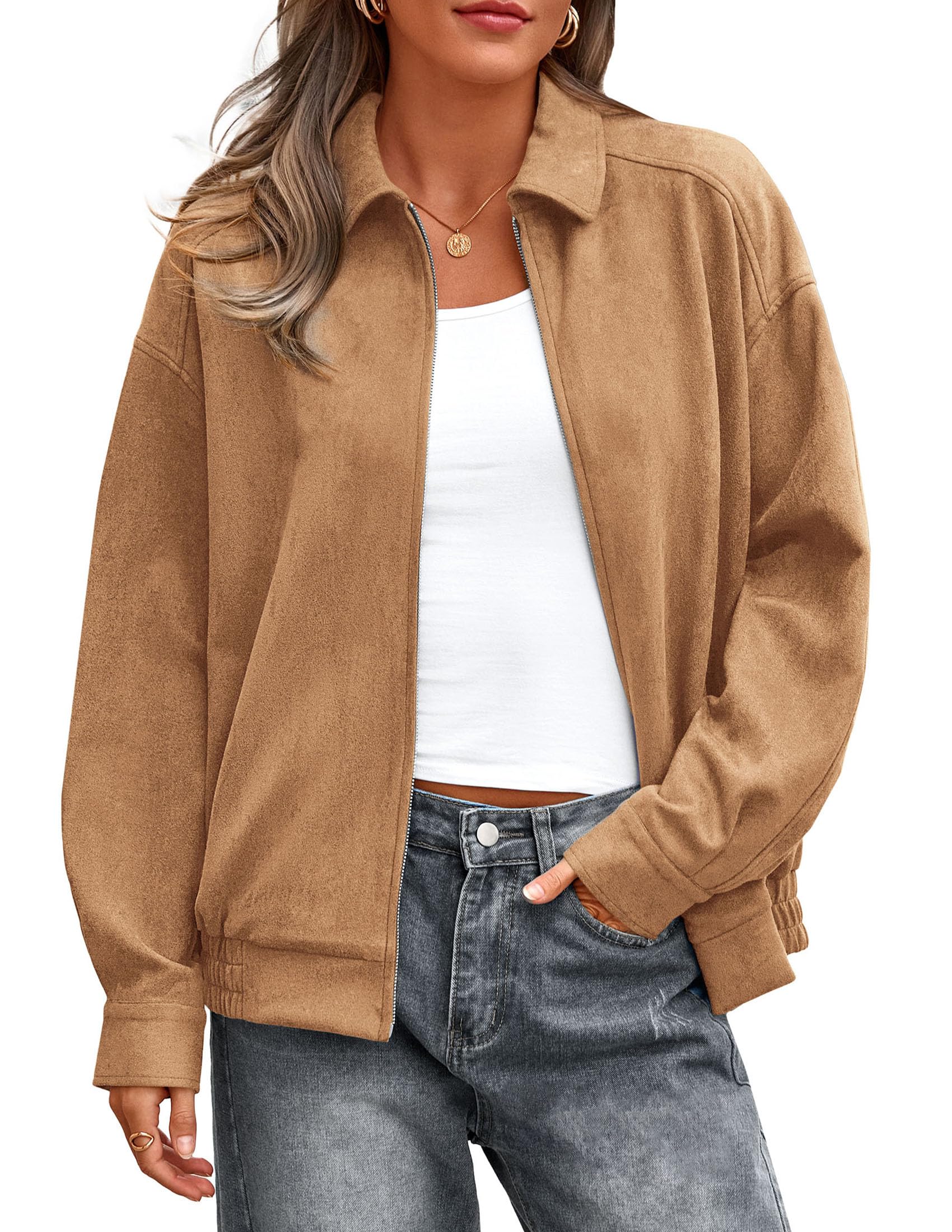 PRETTYGARDEN Faux Suede Bomber Jacket Women Fall Fashion Casual Zip Up Oversized Trendy Winter Clothing Outerwear Coats