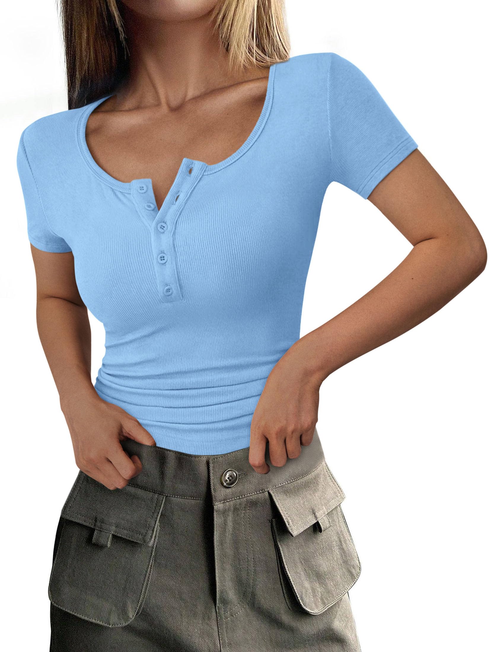 PRETTYGARDEN Women's  Fall Summer Short Sleeve Tops Ribbed Henley Button Slim Fit Basic Casual T Shirts Blouse Clothing