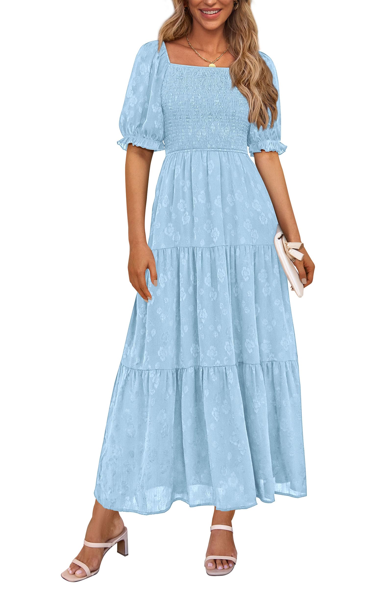 PRETTYGARDEN Women's Summer Casual Midi Dresses Square Neck Short Sleeve Smocked A Line Floral Flowy Elegant Boho Dress