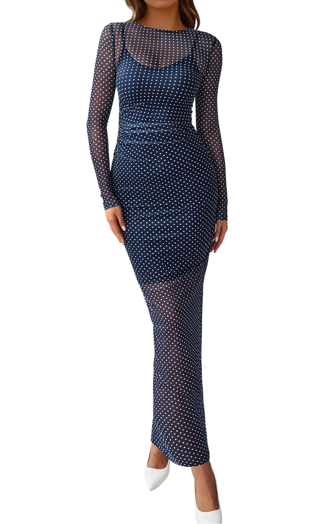 BTFBM Spring Dresses for Women 2 Piece Set Long Sleeve Polka Dot Sexy Bodycon Mesh Dress and Slip Dress Wedding