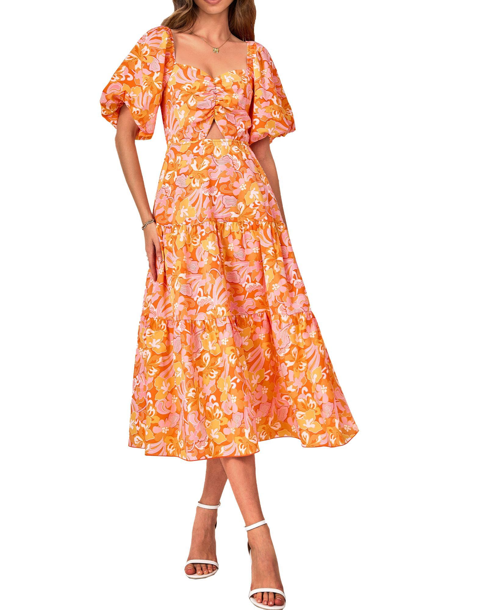 FreshPretty Women Summer Dresses Casual Flowy Beach Square Neck Puff Short Sleeve Smocked Back Boho Floral Long Maxi Dress