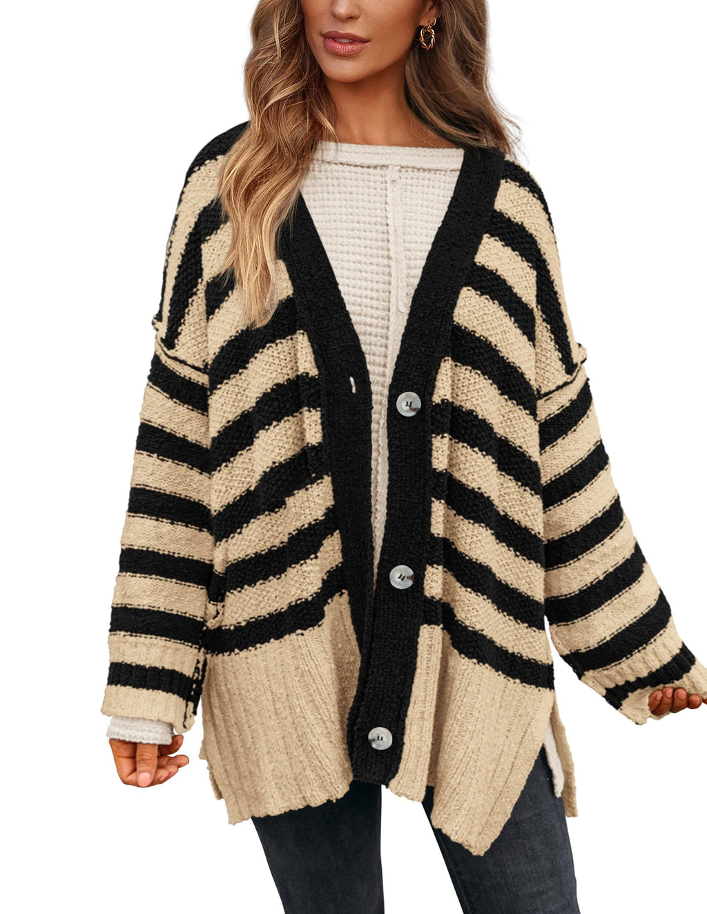 PRETTYGARDEN Women's Winter Striped Cardigan Sweaters Long Sleeve Button Down Open Front Chunky Knit Oversized Sweater Coat