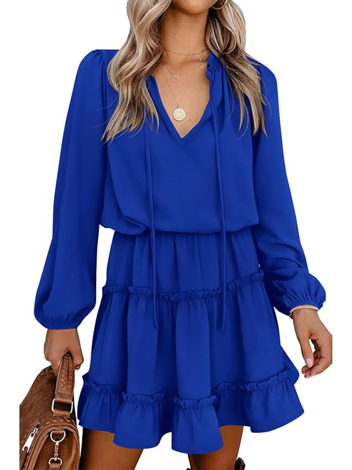 BTFBM Long Sleeve Summer Dresses for Women Casual Tie Neck Ruffle Tiered A Line Mini Spring Wedding Guest Dress