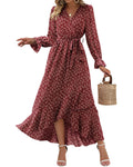 BTFBM Womens Dresses Summer V Neck Floral High Waist Ruffle Wedding Guest Cocktail Boho Spring Long Sleeve Dress