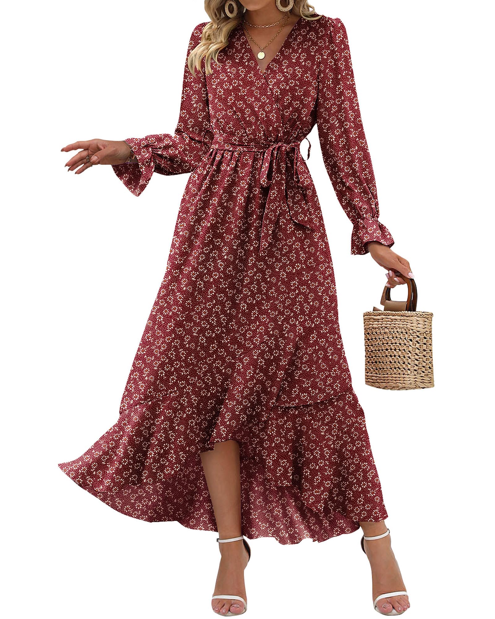 BTFBM Womens Dresses Summer V Neck Floral High Waist Ruffle Wedding Guest Cocktail Boho Spring Long Sleeve Dress