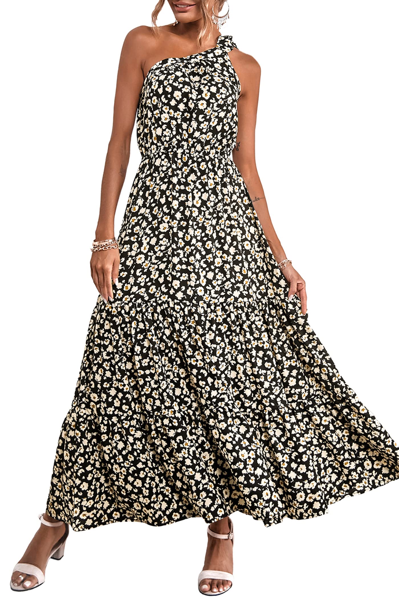 PRETTYGARDEN Women's Summer Floral One Shoulder Maxi Dress Knot Ruffle Boho Beach Vacation Wedding Guest Long Sun Dresses