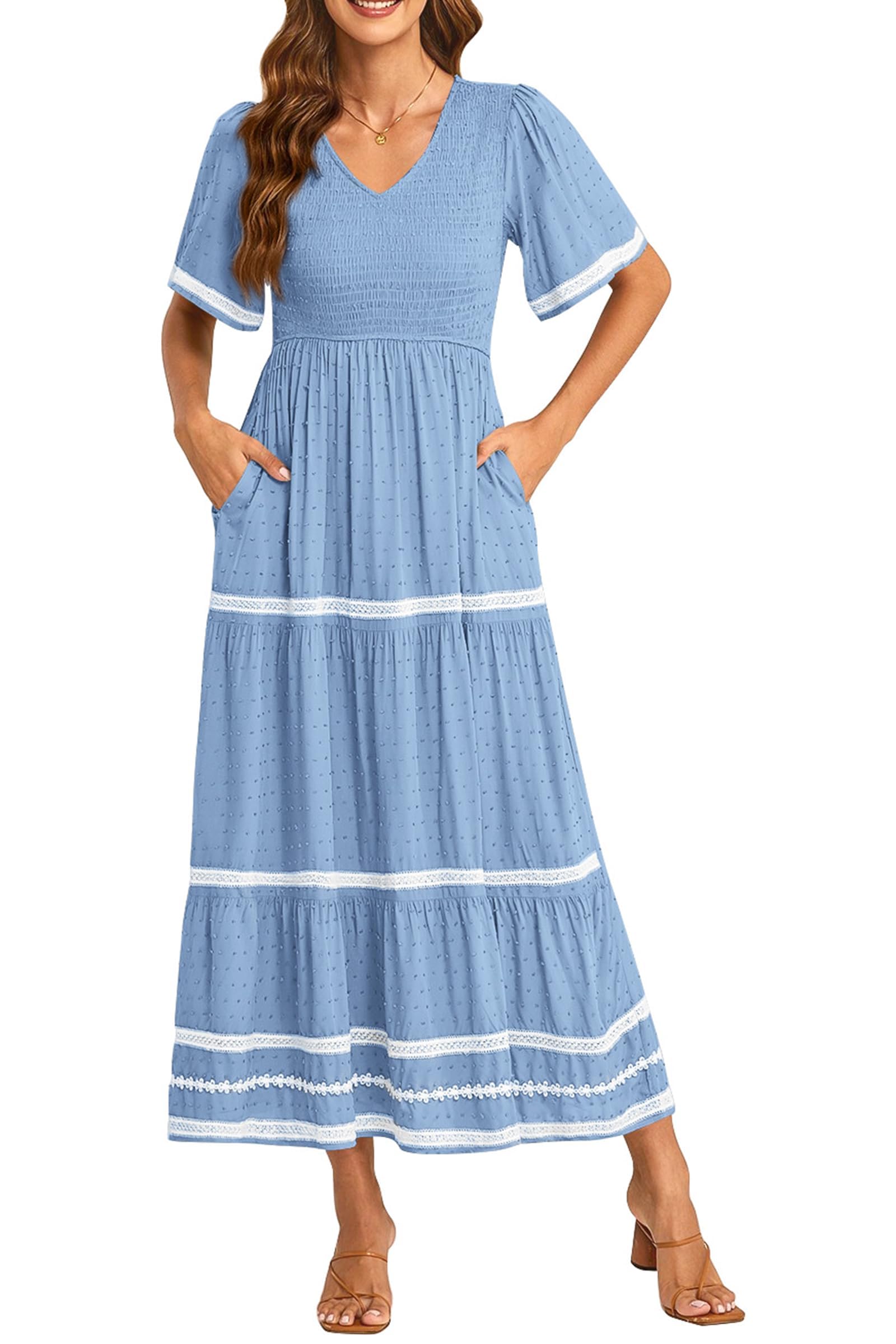 PRETTYGARDEN Women's Casual Summer Maxi Dress Short Sleeve Swiss Dot V Neck Smocked Long Flowy Beach Dresses