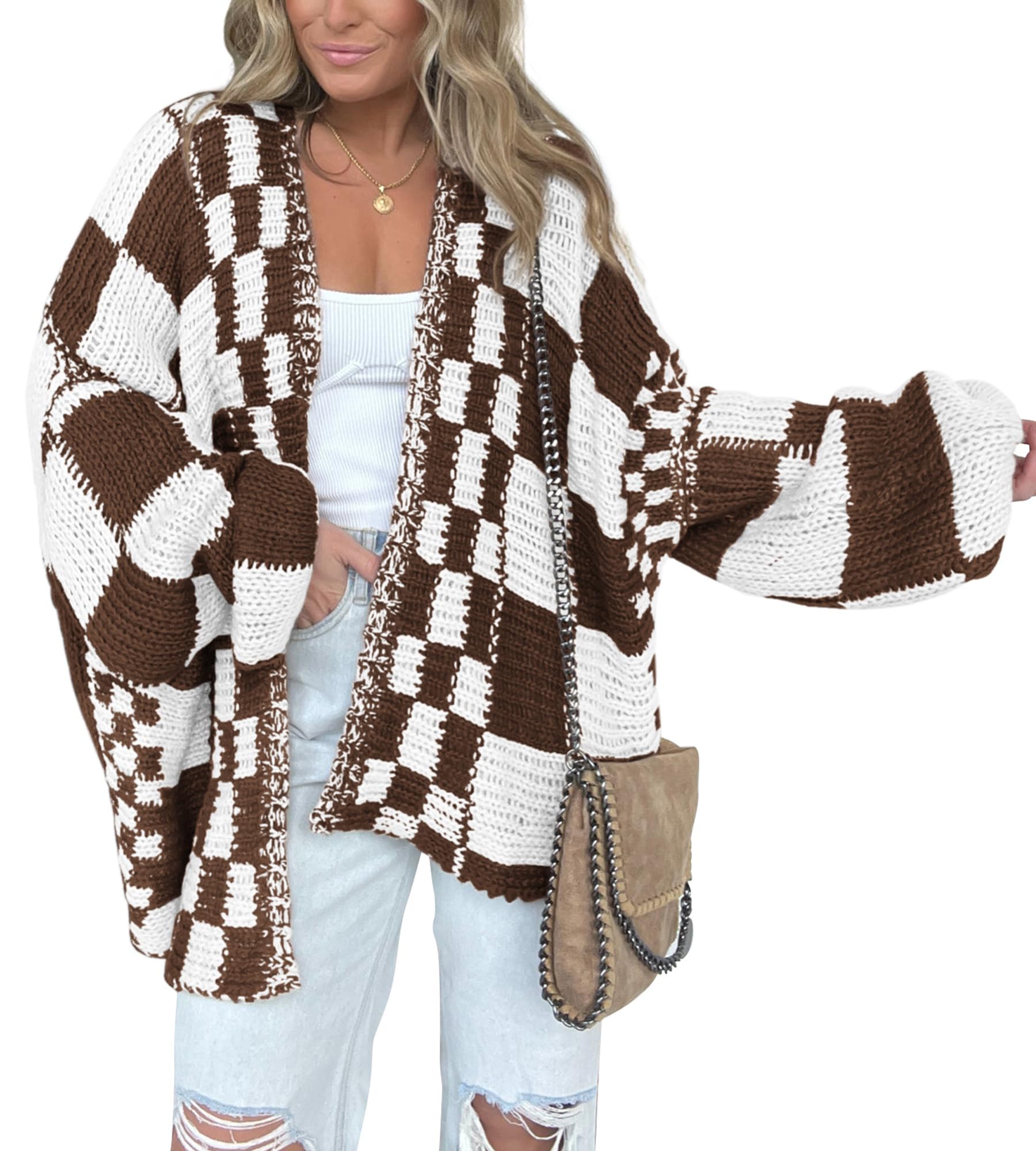 FreshPretty Casual Cardigan Sweater for Women Fall Long Sleeve Open Front Chunky Knit Sweaters Checkered Outwear Coat