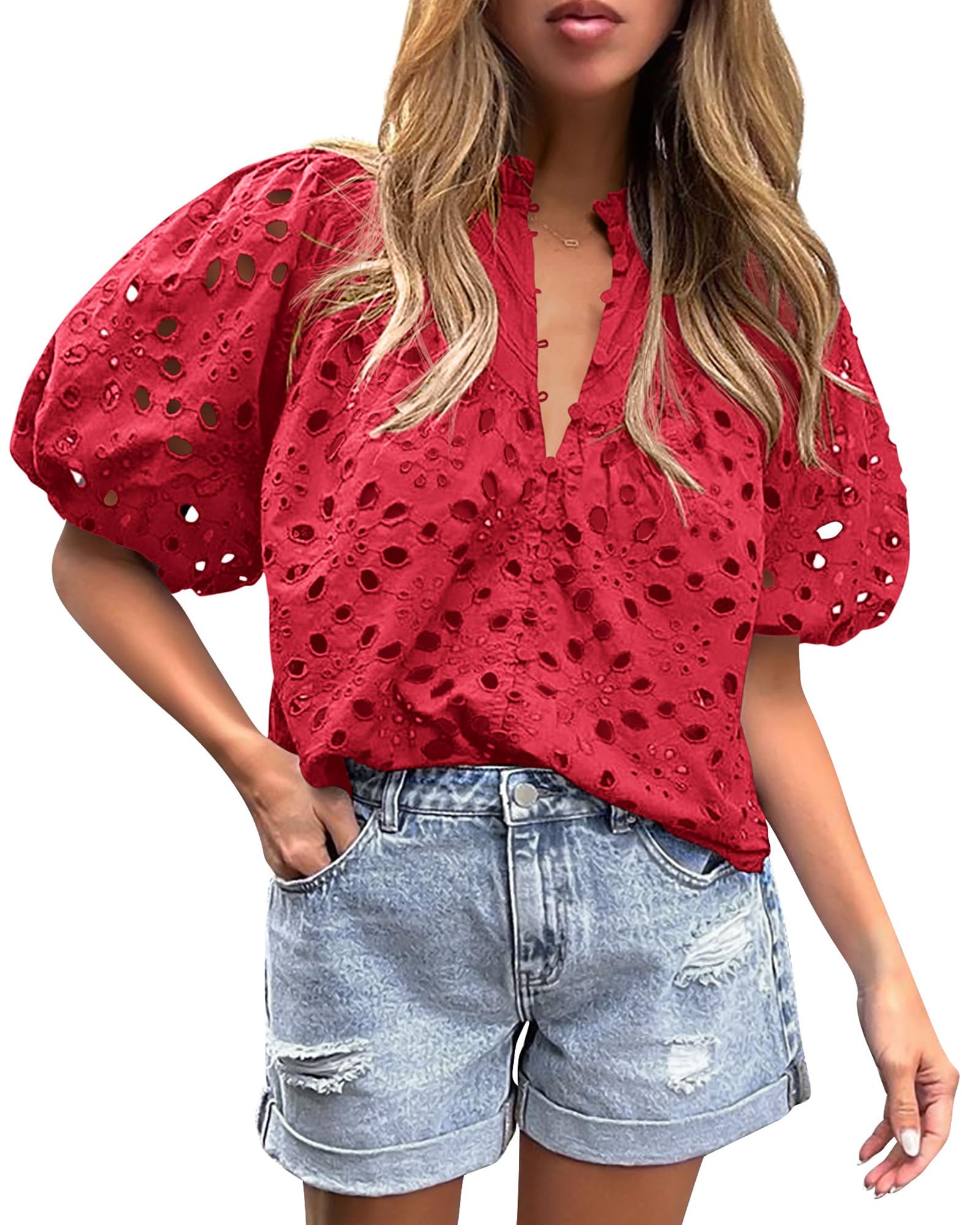 PRETTYGARDEN Women's Summer Tops Dressy Casual Short Sleeve V Neck Buttons Hollow Out Lace Embroidered Blouses Shirts