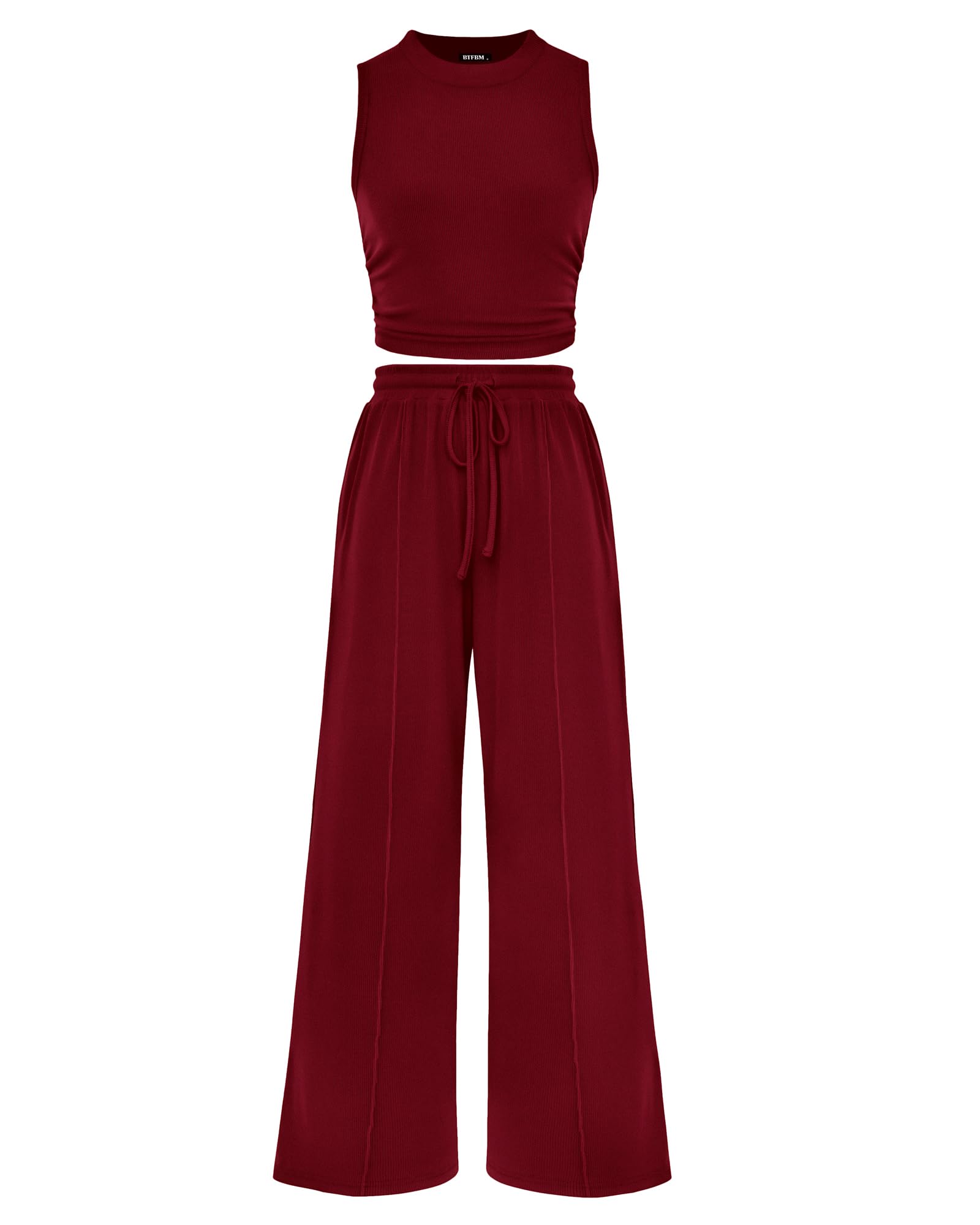 BTFBM Summer Outfits For Women Cropped Sleeveless Tank Tops Wide Leg Pants 2 Piece Sets Beach Lounge Set Clothing