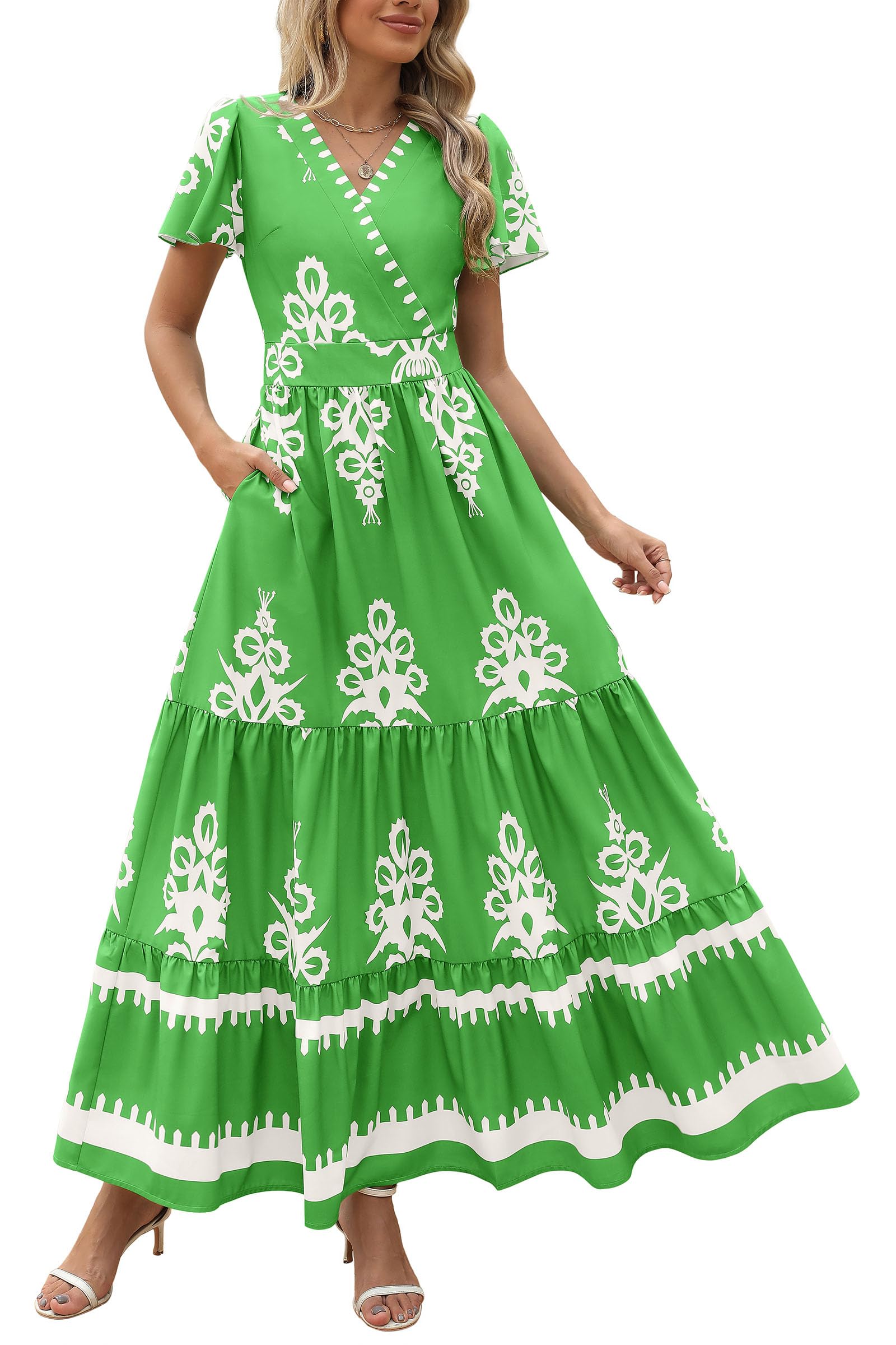 PRETTYGARDEN Womens Summer Casual V Neck Boho Maxi Dress Flowy Aline Bell Sleeve Tiered Floral Dresses with Pocket