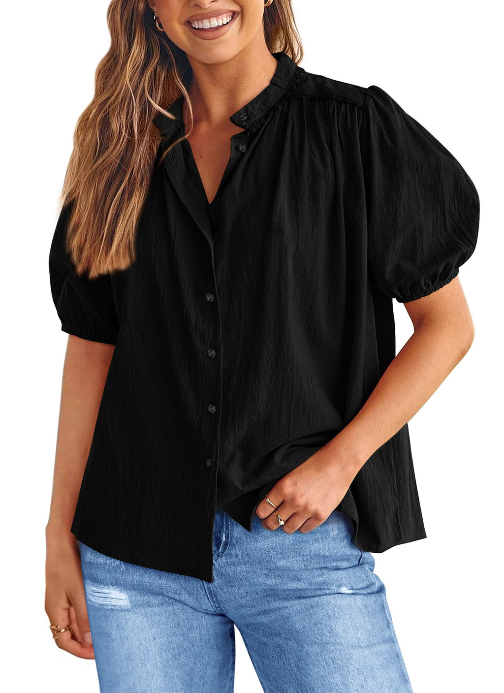 PRETTYGARDEN Women's Summer Button Down Shirts Short Lantern Sleeve V Neck Cotton Cute Dressy Casual Ladies Tops Blouses