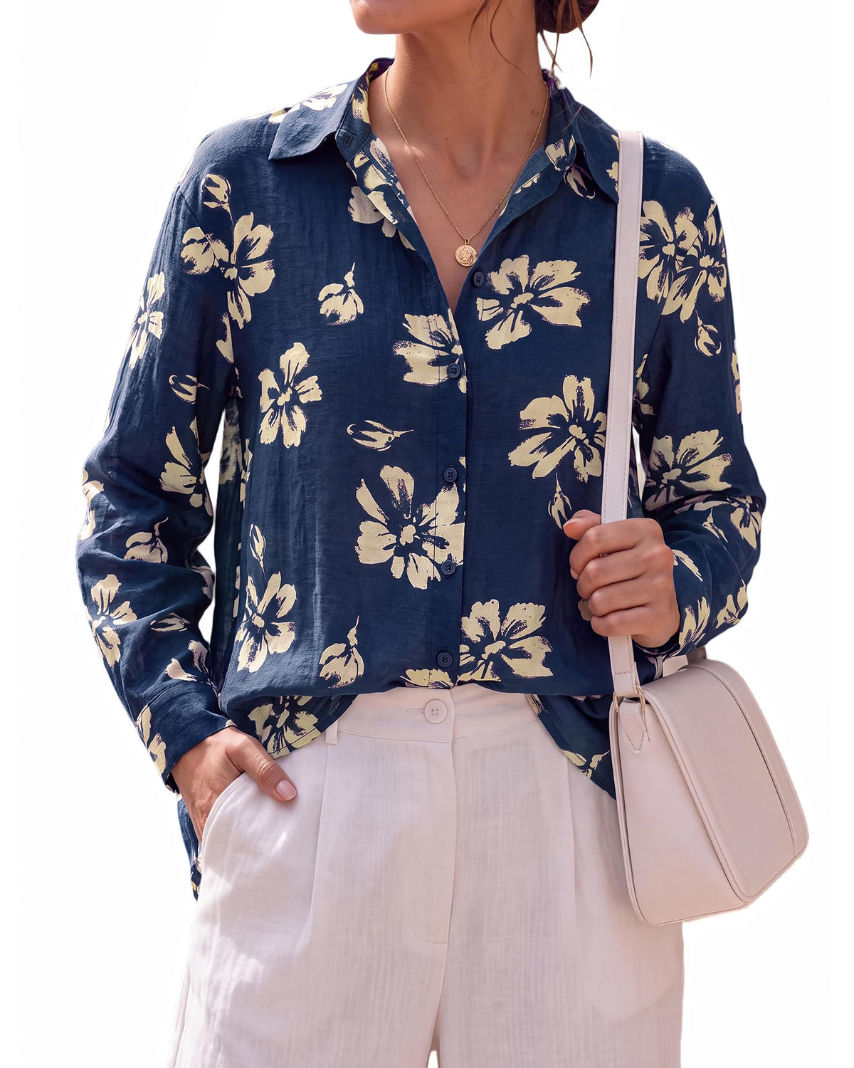 BTFBM Womens Blouses Dressy Casual Floral Long Sleeve Shirts Polka Dot Tops Classic Lapel Collar,Button Cuffs,V Neck Button Down Shirt,Business Casual Outfits,Early Fall Fashion Clothing Trendy