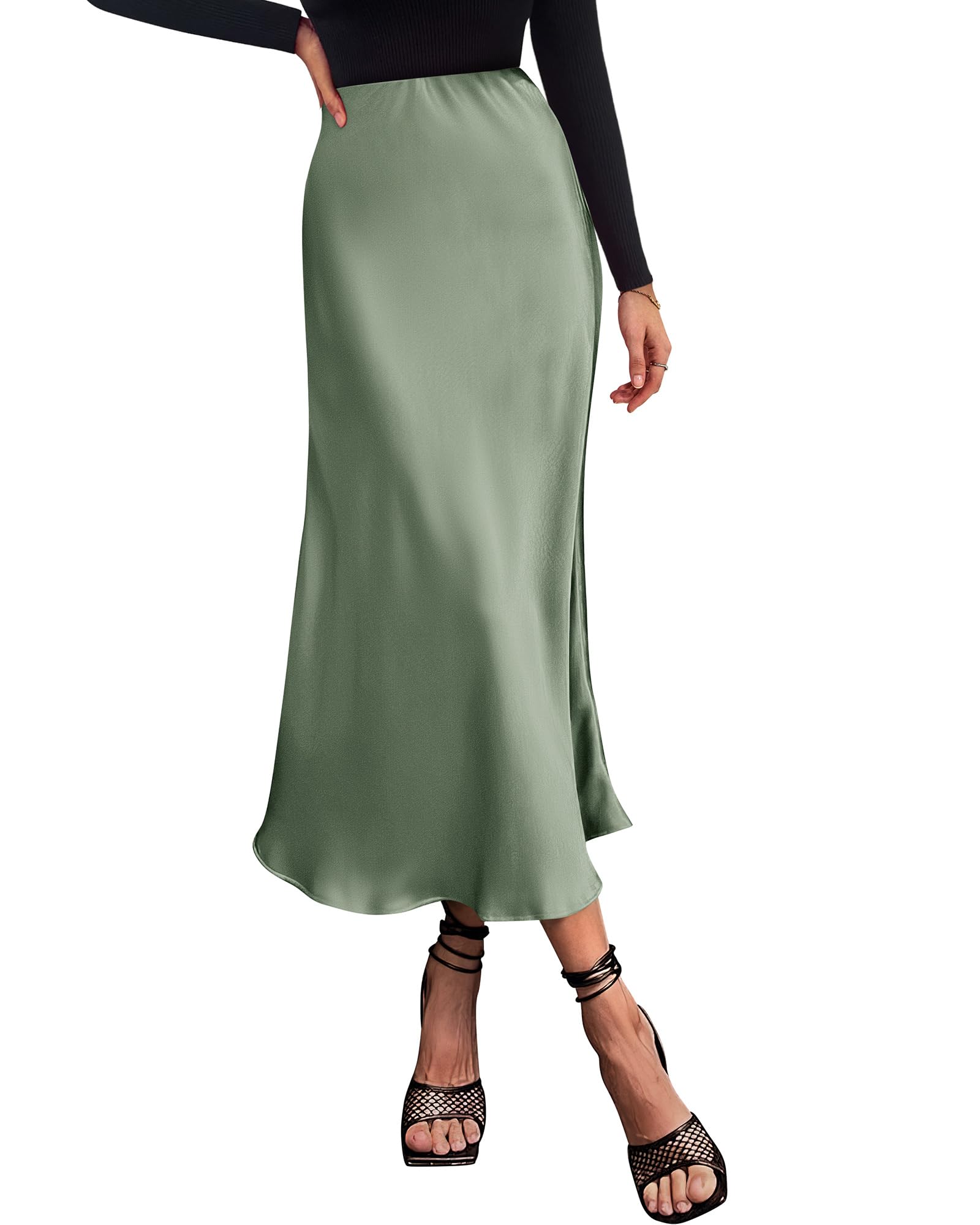 BTFBM Summer Womens Skirts Silk Elegant High Waist Flowy Long Satin A-Line Midi Skirt Cocktail Wedding Party