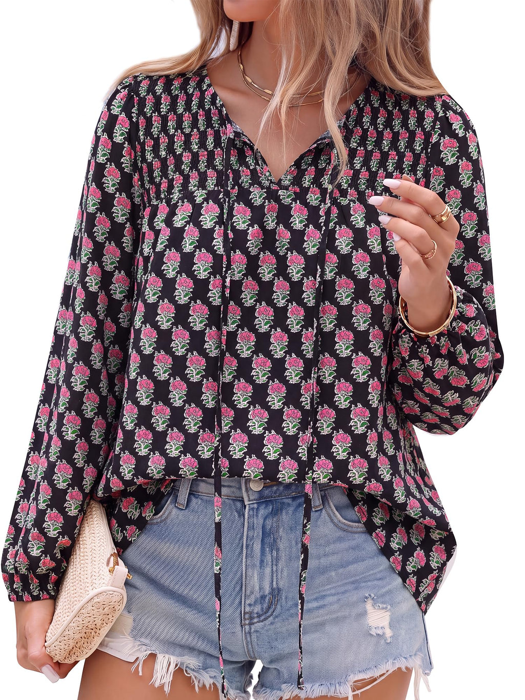 FreshPretty Boho Tops for Women Trendy Fall V Neck Floral Peasant Blouse,Lightweight Soft Puff Long Sleeve Shirts,Smocked Self-Tie Polka Dot Loose Work Blouses,Casual Daily Travel Vacation Outfits