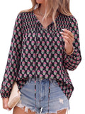 FreshPretty Boho Tops for Women Trendy Fall V Neck Floral Peasant Blouse,Lightweight Soft Puff Long Sleeve Shirts,Smocked Self-Tie Polka Dot Loose Work Blouses,Casual Daily Travel Vacation Outfits