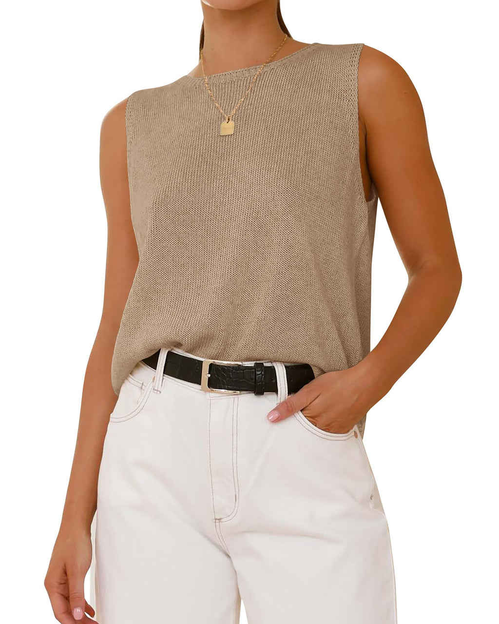 FreshPretty Women's Sleeveless Sweater Vest Summer Crew Neck Ribbed Knit Lightweight Pullover Casual Loose Fit Tank Tops