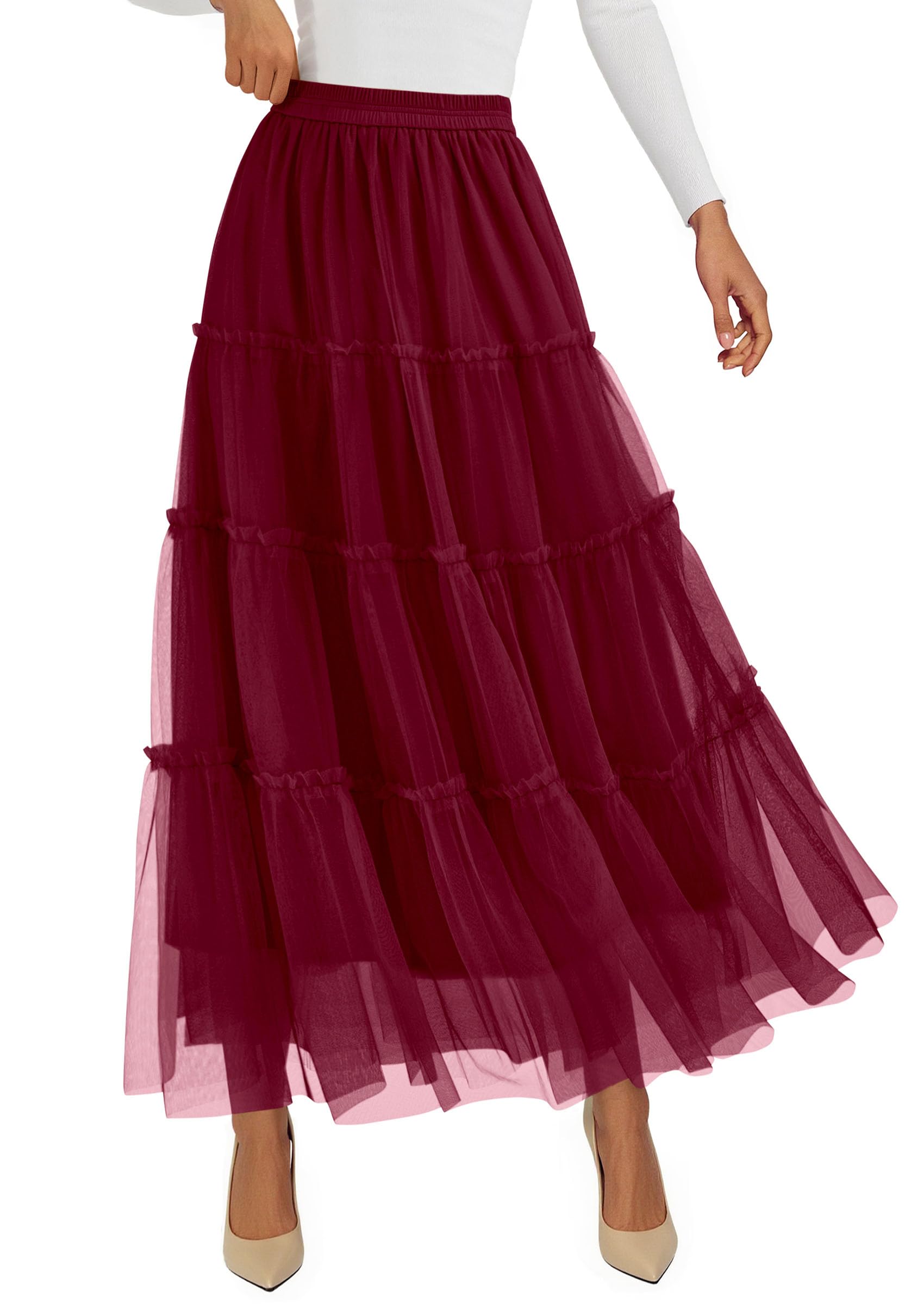 PRETTYGARDEN Tulle Skirts for Women Fall Fashion Elastic High Waisted Fairy Tiered Flowy A-Line Casual Maxi Long Skirt