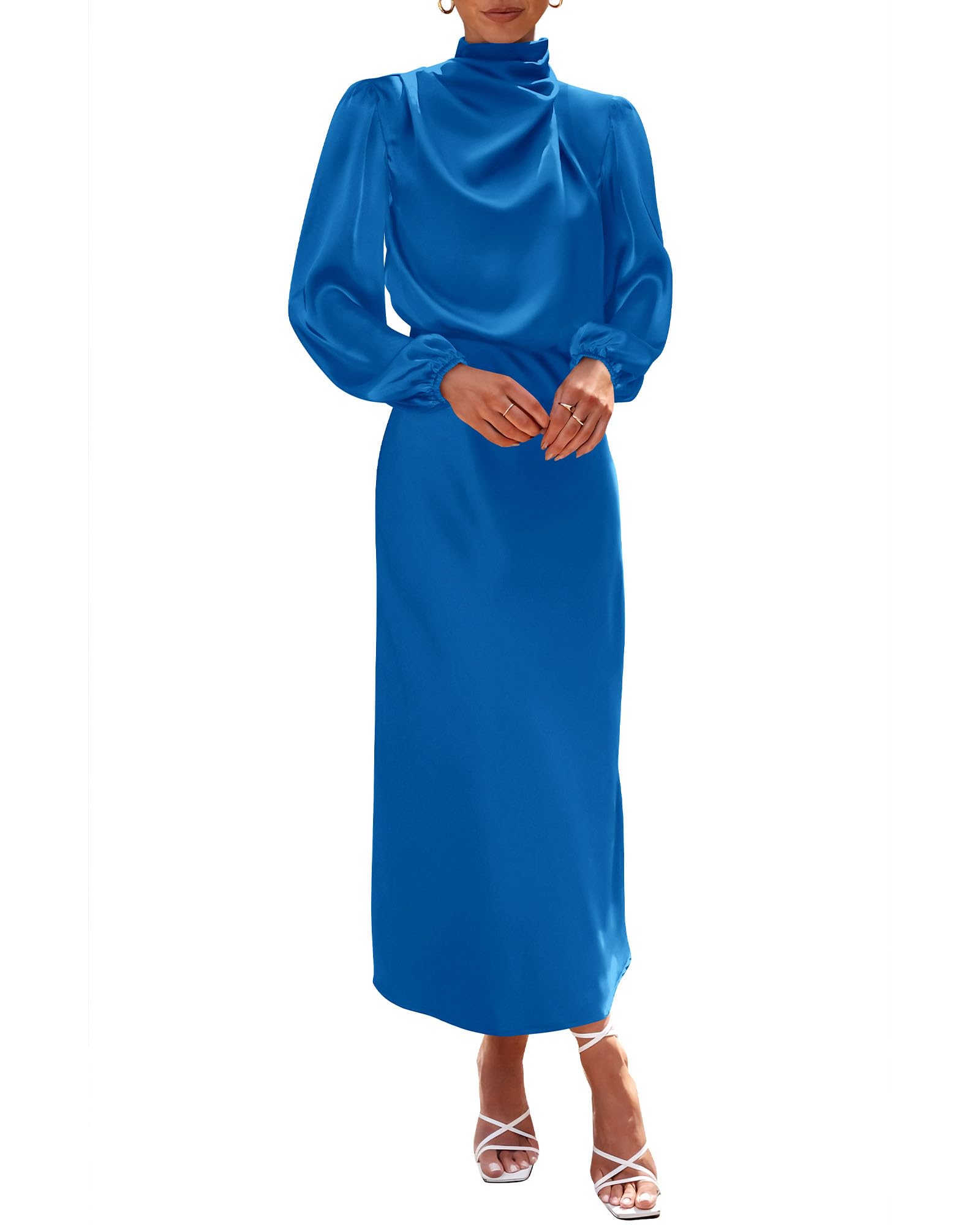 BTFBM Womens Mock Neck Satin Dress Spring Summer Long Sleeve Lightweight Formal Wedding Party Maxi Cocktail Dresses