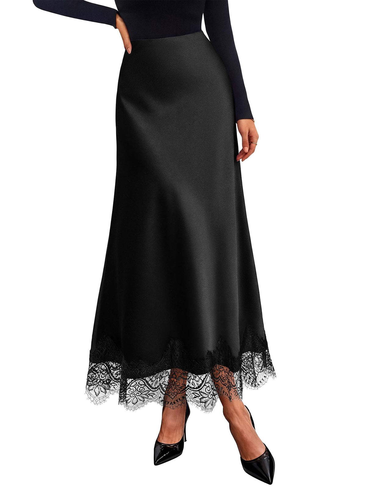 BTFBM Lace Trim Satin Skirts for Women Elegant | Lightweight, High Waist, A-Line, Flowy Maxi Skirt, Wedding, Cocktail, Graduation, Holiday Outfits, Fall Fashion Clothing