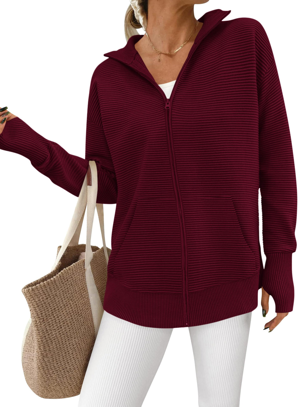 PRETTYGARDEN Womens Fall Long Sleeve Zip Up Cardigan Sweaters Casual Loose Collared Ribbed Knit Tops Jackets Thumb Hole