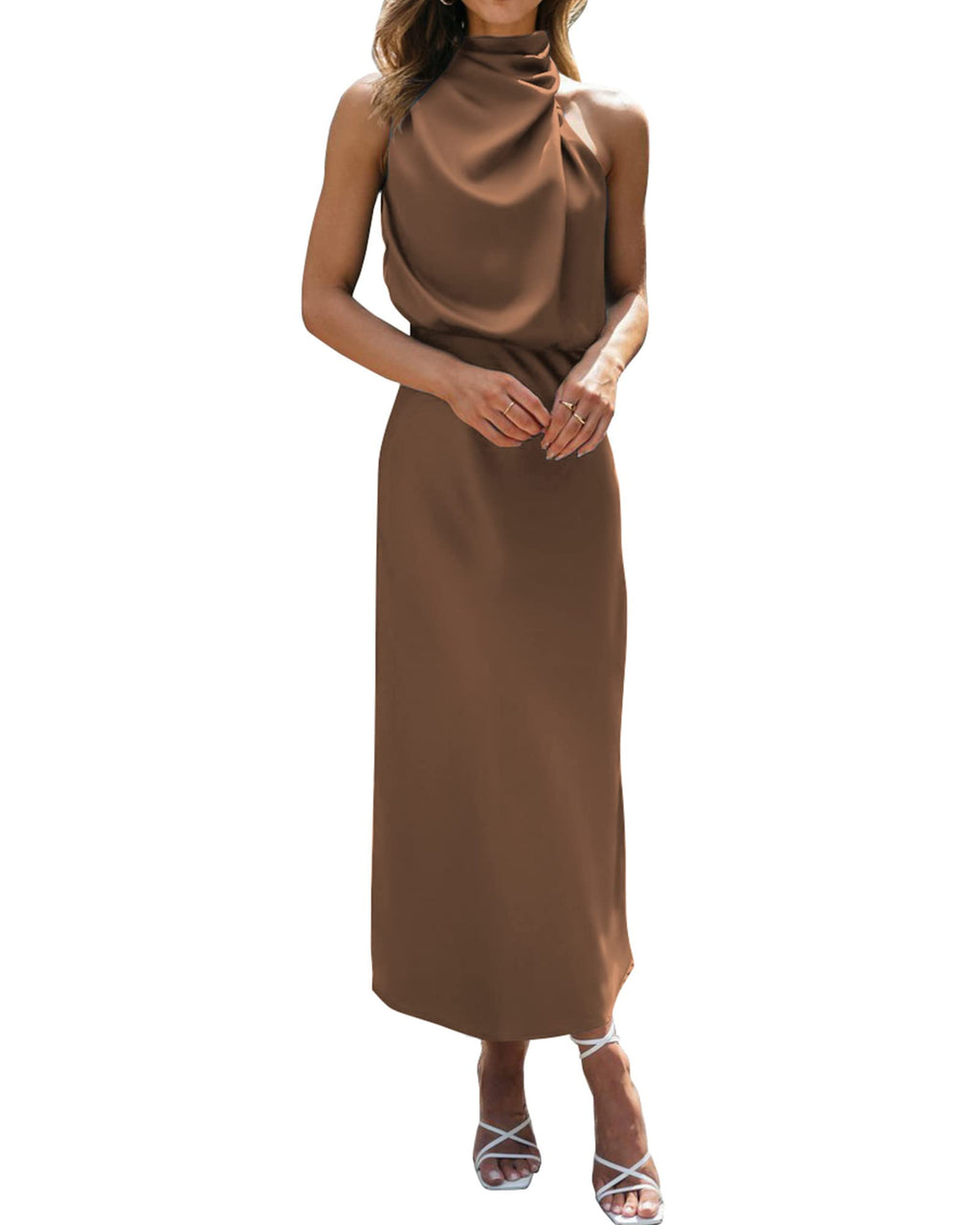 BTFBM Cocktail Dresses for Women Summer Satin Silk Sleeveless Mock Neck Maxi Wedding Guest Dress Spring Outfits