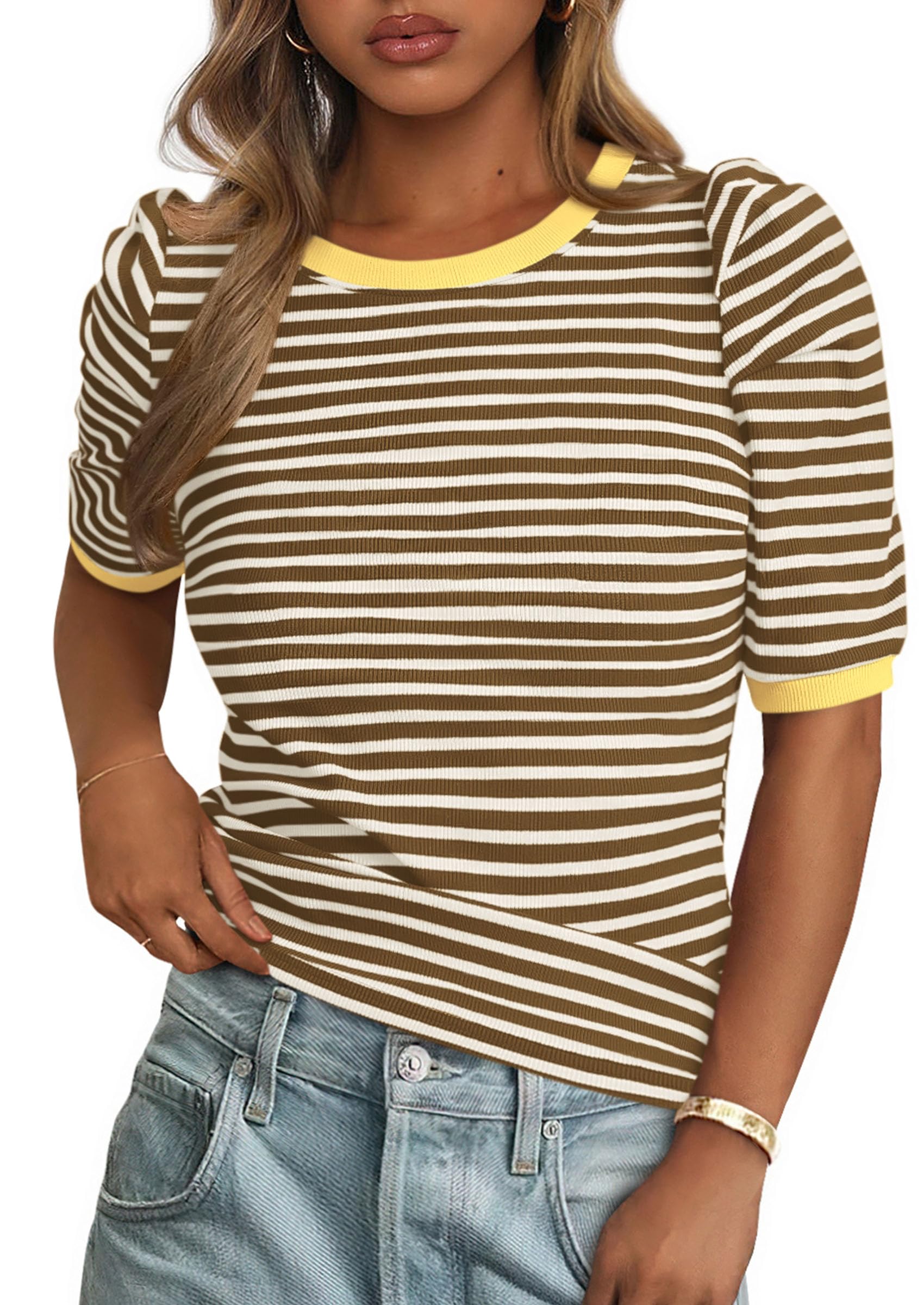 PRETTYGARDEN Women's Summer Puff Sleeve Tops Casual Ribbed Knit Crop Top Color Block Trendy Crewneck Striped Shirts