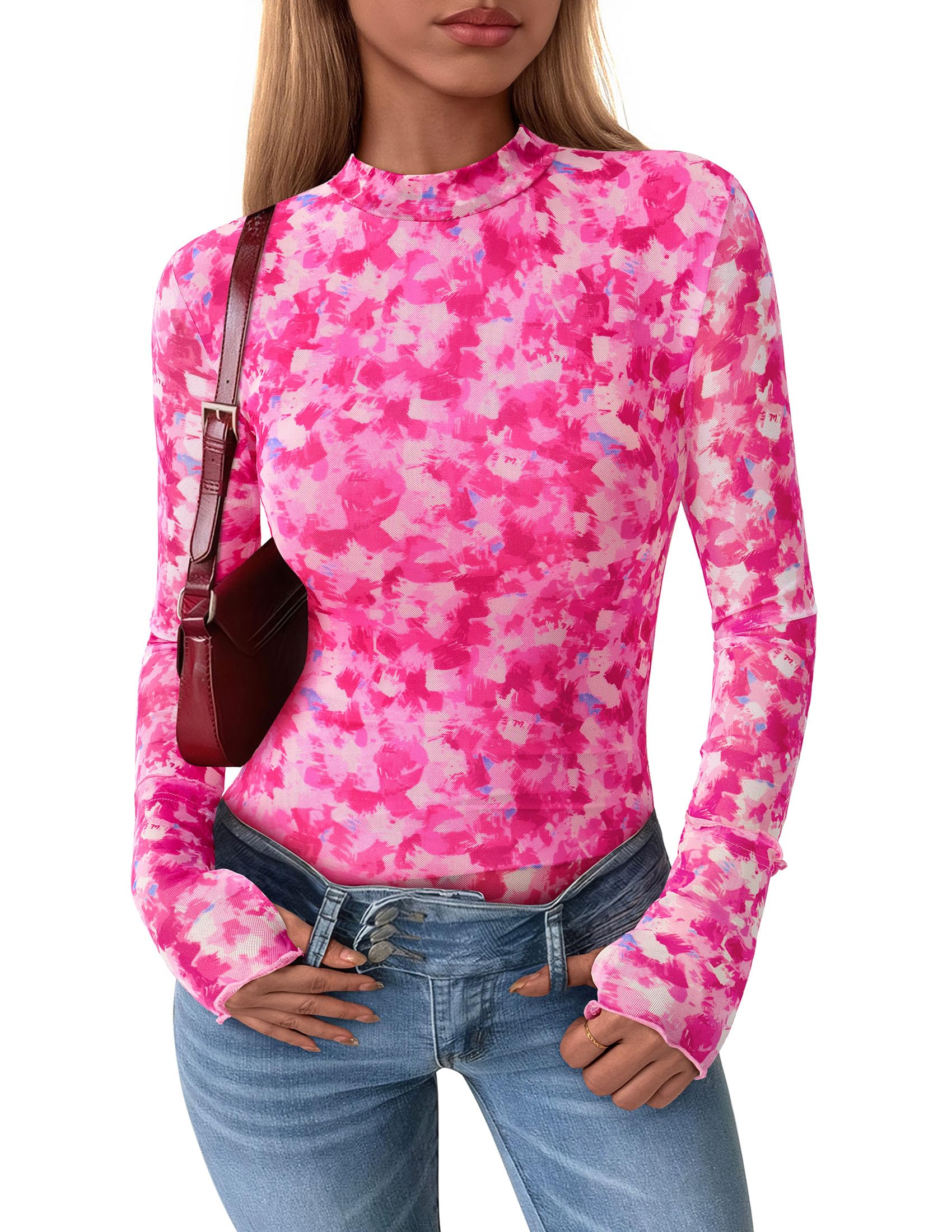 PRETTYGARDEN Womens Fall Mesh Floral Blouses Long Sleeve Going Out Tops Slim Fitted Shirts Date Night Outfits