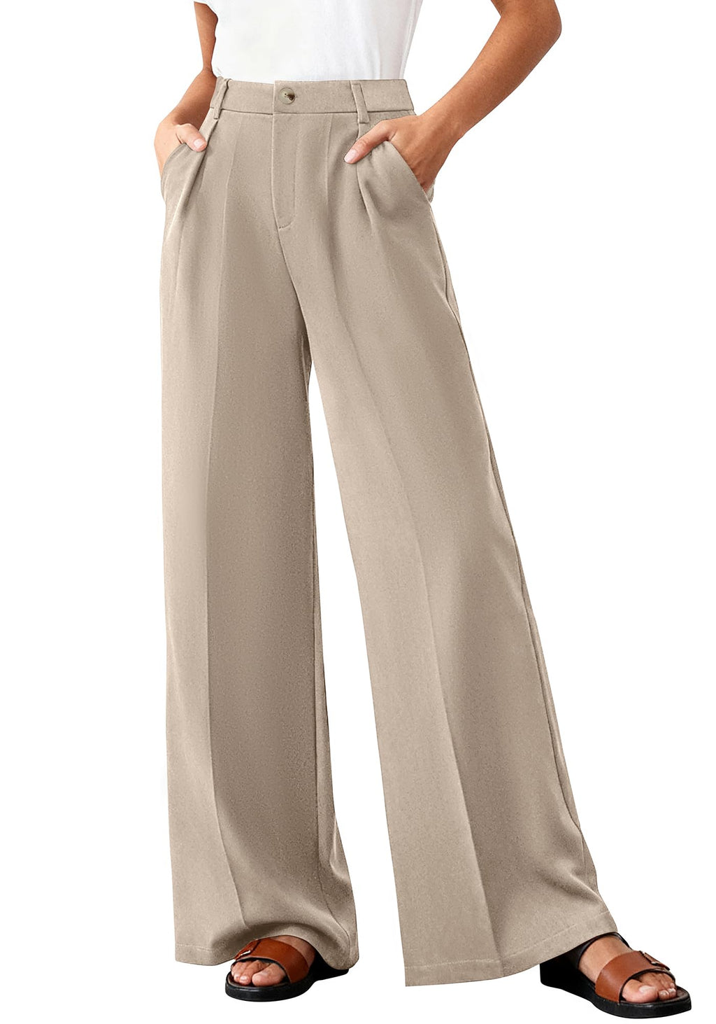 BTFBM Wide Leg Pants Woman High Waisted Button Business Casual Dressy Trousers Office Work Palazzo Pants Pockets