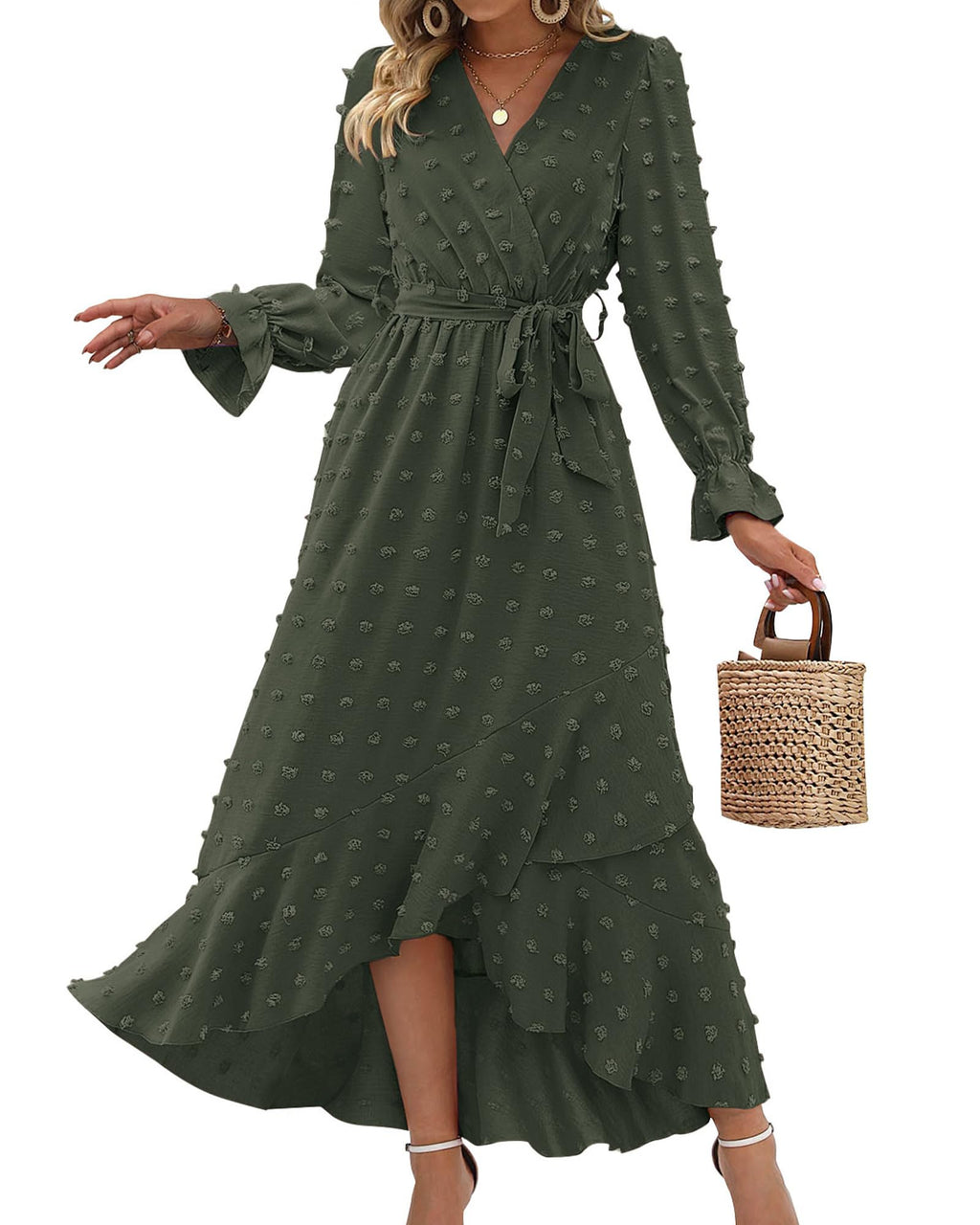 FreshPretty Long Sleeve Maxi Dresses for Women V Neck Swiss Dot Boho Flowy Slit Cocktail Wedding Guest Dress Fall Clothes