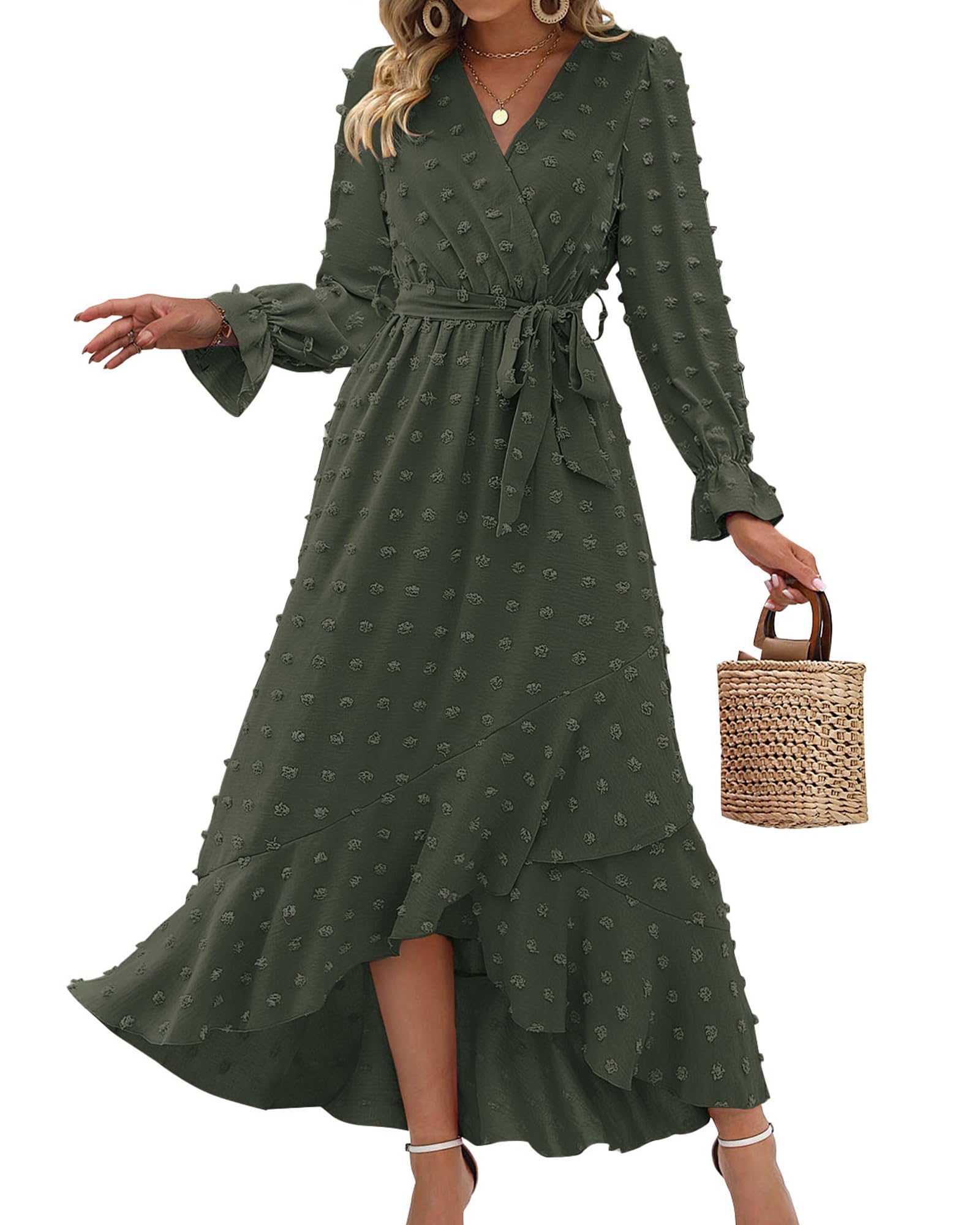FreshPretty Long Sleeve Maxi Dresses for Women V Neck Swiss Dot Boho Flowy Slit Cocktail Wedding Guest Dress Fall Clothes