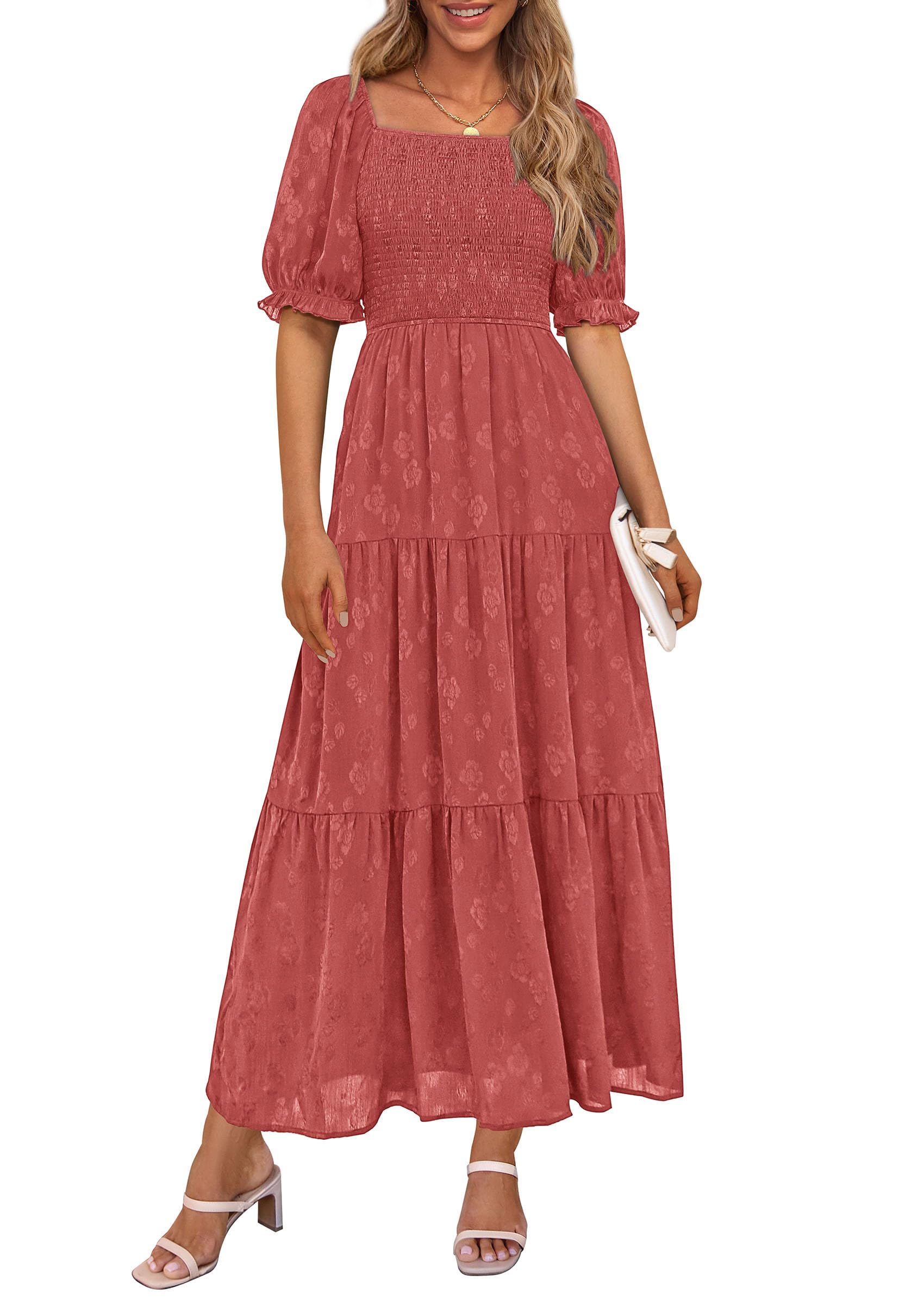 PRETTYGARDEN Women's Summer Casual Midi Dresses Square Neck Short Sleeve Smocked A Line Floral Flowy Elegant Boho Dress