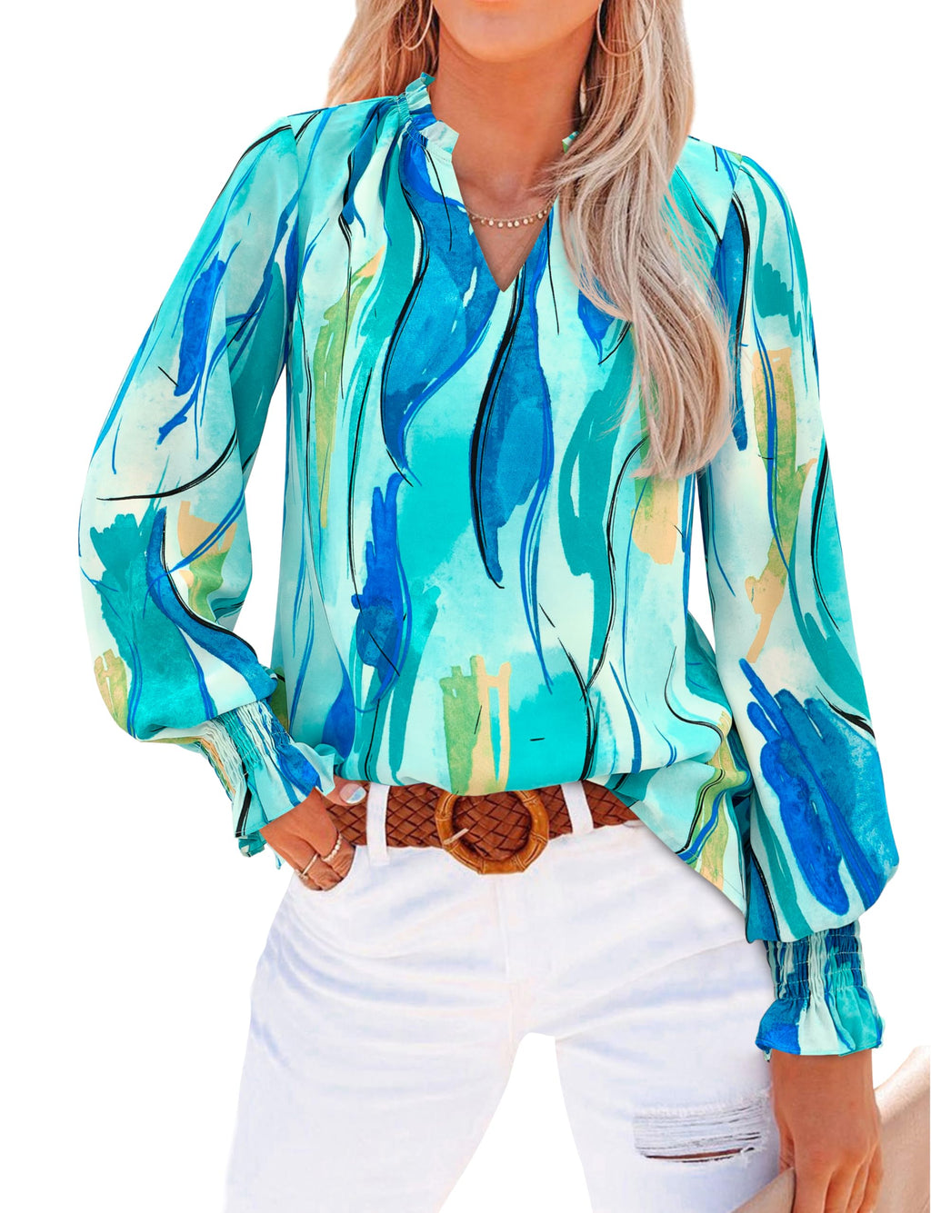 FreshPretty Womens V Neck Floral Long Sleeve Tops Summer Casual Loose Puff Sleeve Chiffon Boho Work Blouse Dressy T Shirts