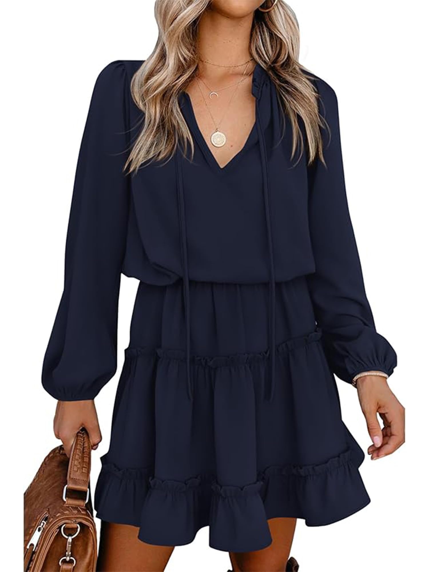 BTFBM Long Sleeve Summer Dresses for Women Casual Tie Neck Ruffle Tiered A Line Mini Spring Wedding Guest Dress