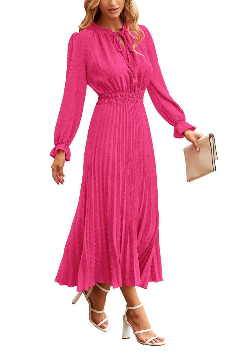 PRETTYGARDEN Women's Spring Fall Midi Dress Casual Long Sleeve V Neck Swiss Dot Pleated A Line Flowy Dresses