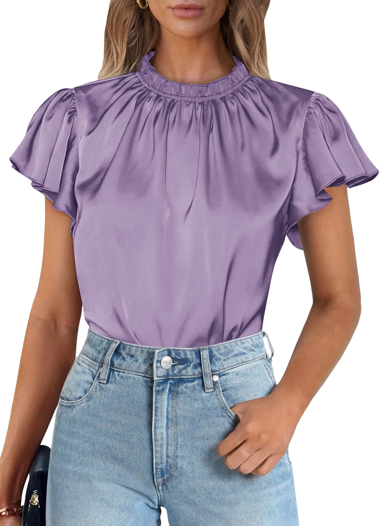 PRETTYGARDEN Business Casual Tops for Women Blouses Dressy  Summer Short Sleeve Ruffle Satin Work Office Attire
