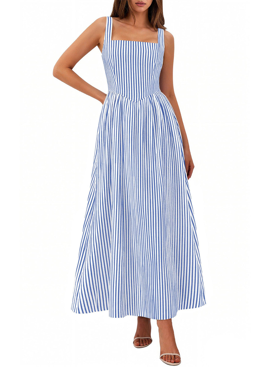PRETTYGARDEN Women's Maxi Striped Dress Summer Sleeveless Square Neck Smocked A Line Long Flowy Spring Vacation Sundress