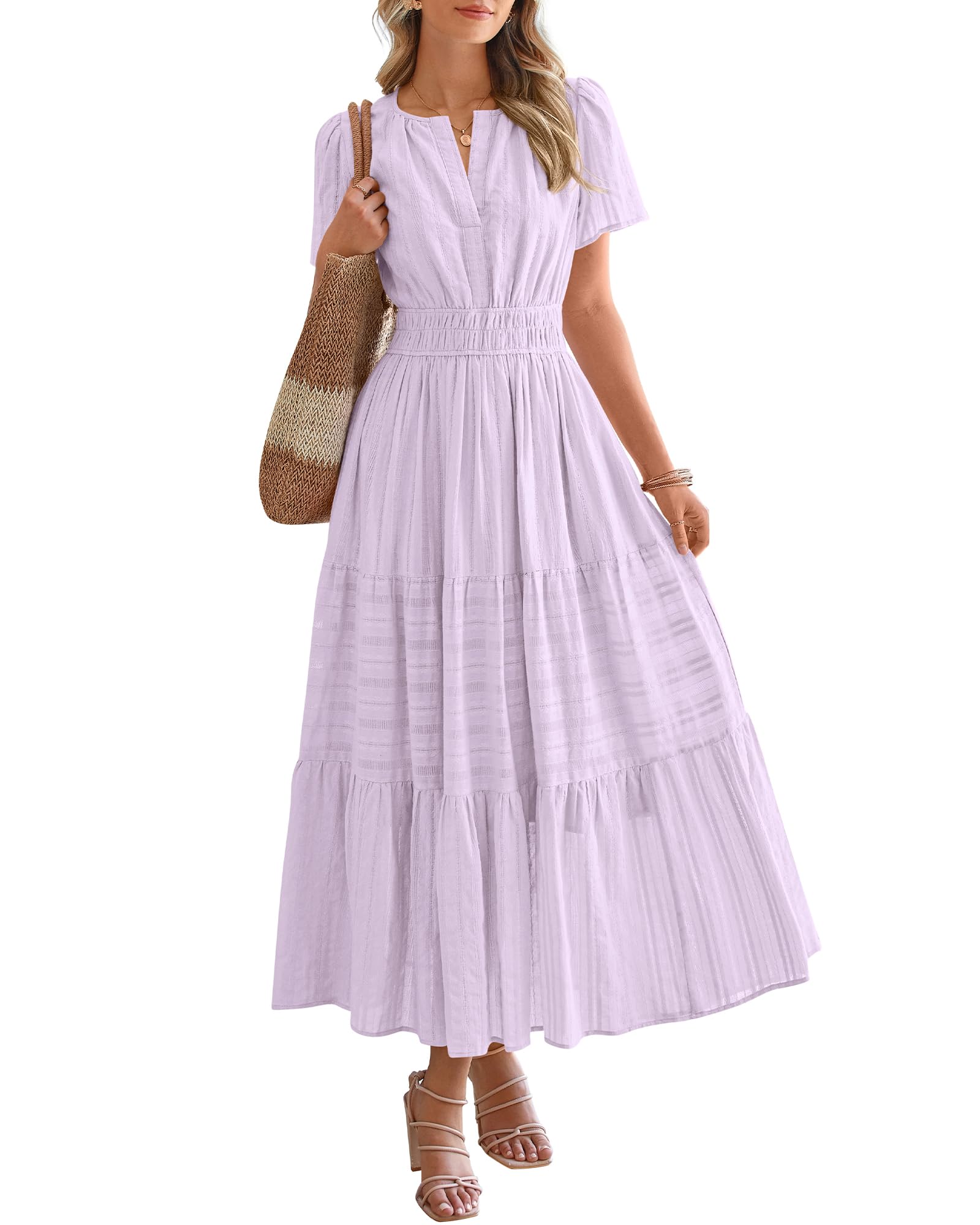 BTFBM Womens Summer Casual Midi Maxi Dresses Lightweight Short Sleeve V Neck Elastic Waist Boho Beach Dress Pockets