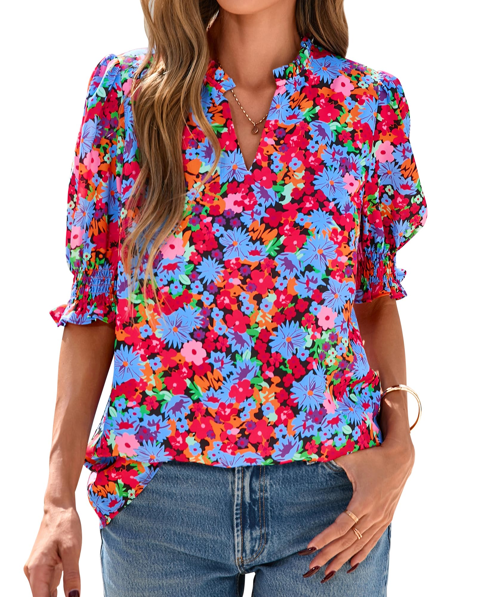 FreshPretty Summer Blouses for Women Dressy Casual  Fashion Spring Tops Floral Boho V Neck Puff Short Sleeve Top Shirts