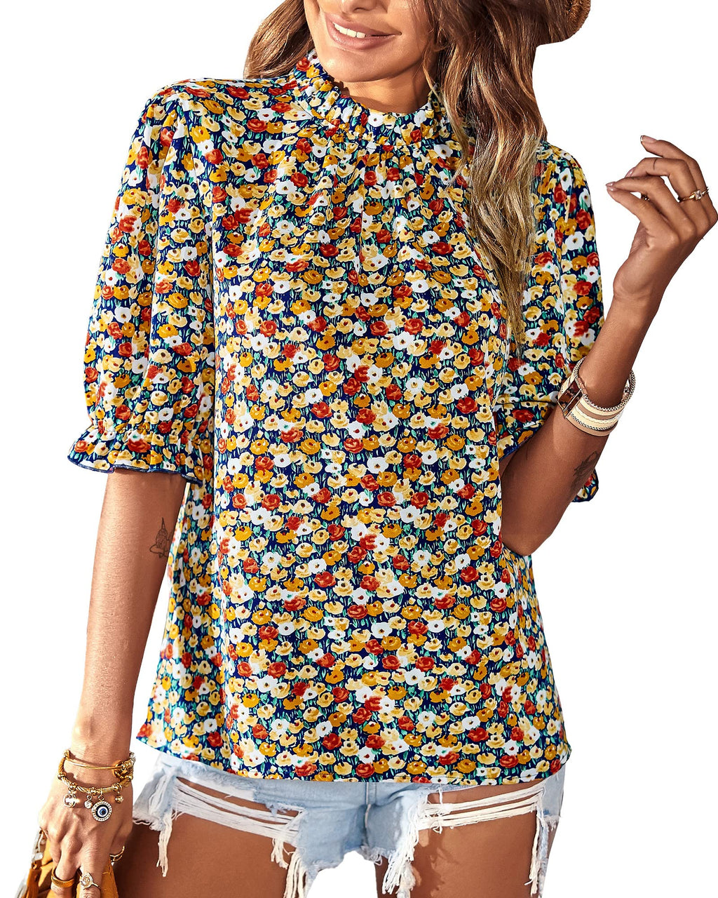 FreshPretty Women's Dressy Casual Blouses Business Work Tops Lace Trim Short Sleeve Office Shirts Summer Spring Outfits