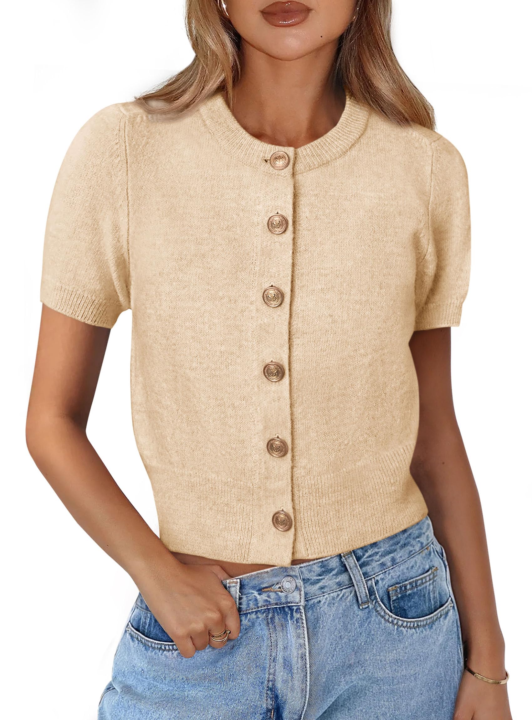 PRETTYGARDEN Womens Casual Summer Short Sleeve Cardigans Button Down Knitted Sweater Basic Crew Neck Crop Tops