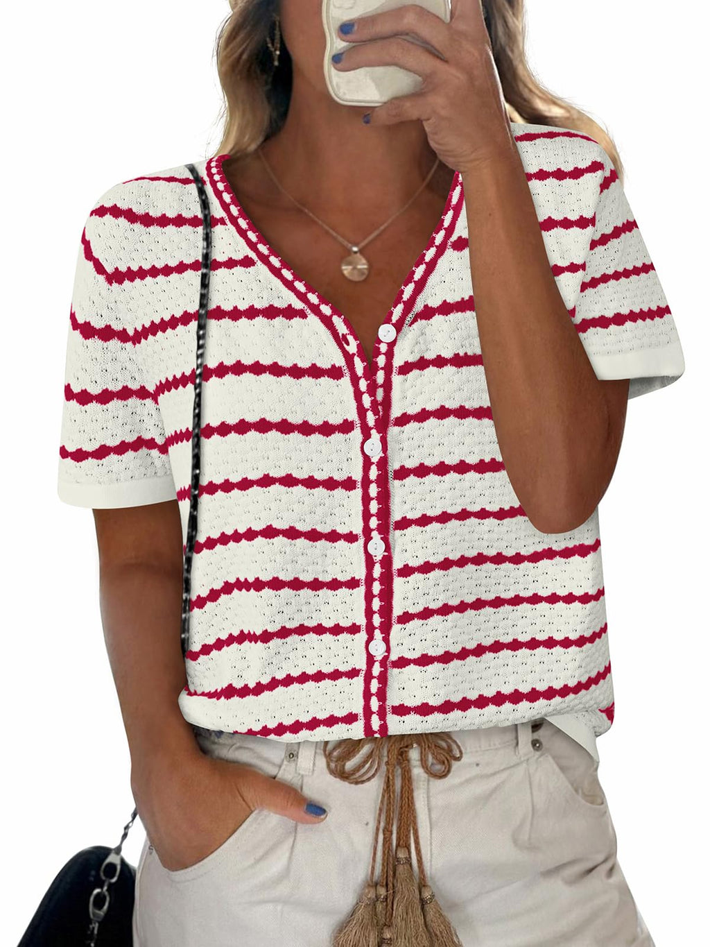 FreshPretty Women's Short Sleeve Sweater Spring Summer Crochet Knit Tops V Neck Striped Button Down Dressy Casual Blouses